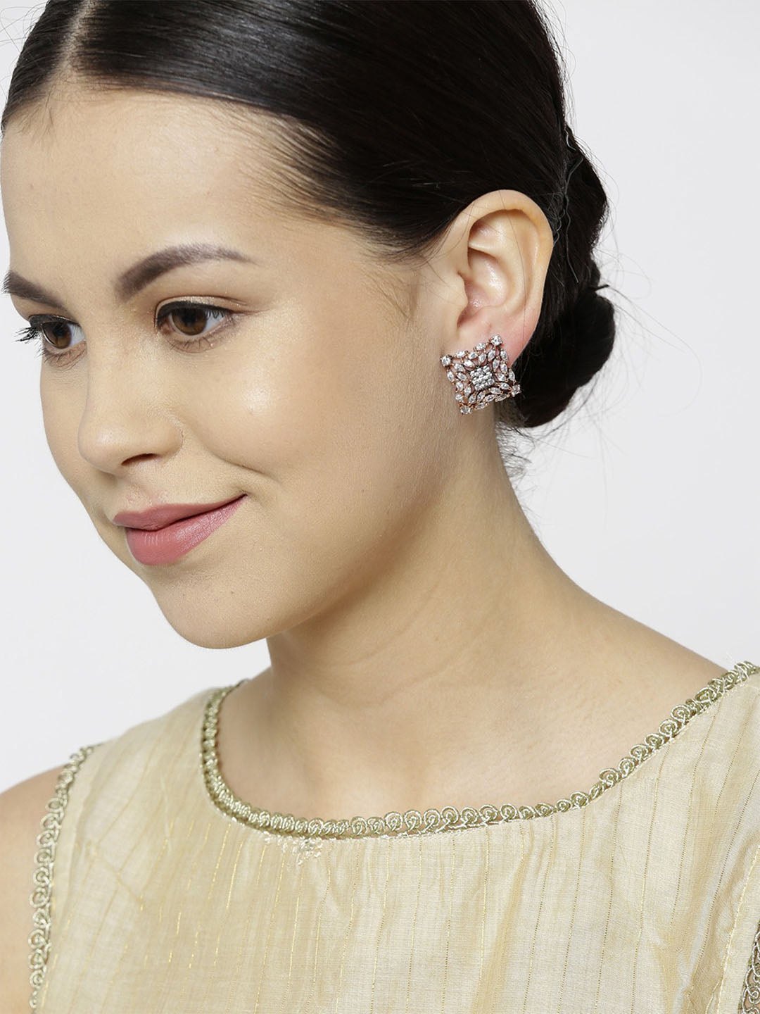 Primium Sparkling Rose Gold Plated American Diamond Stud Earring - photo 2