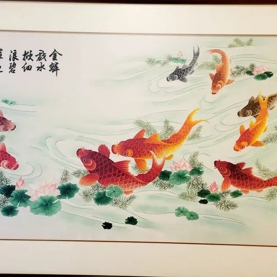 Vintage 9 Koi Fish Silk Painting image indicator(2)