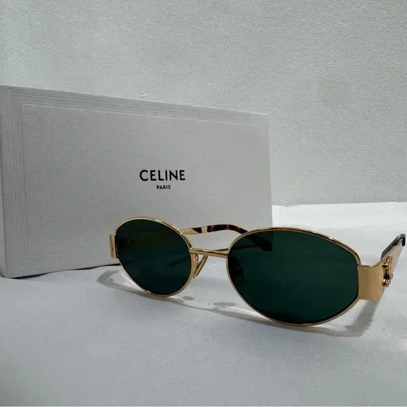 New Celine CL40235U Triomphe Oval Sunglasses Gold Green Lens thumbnail