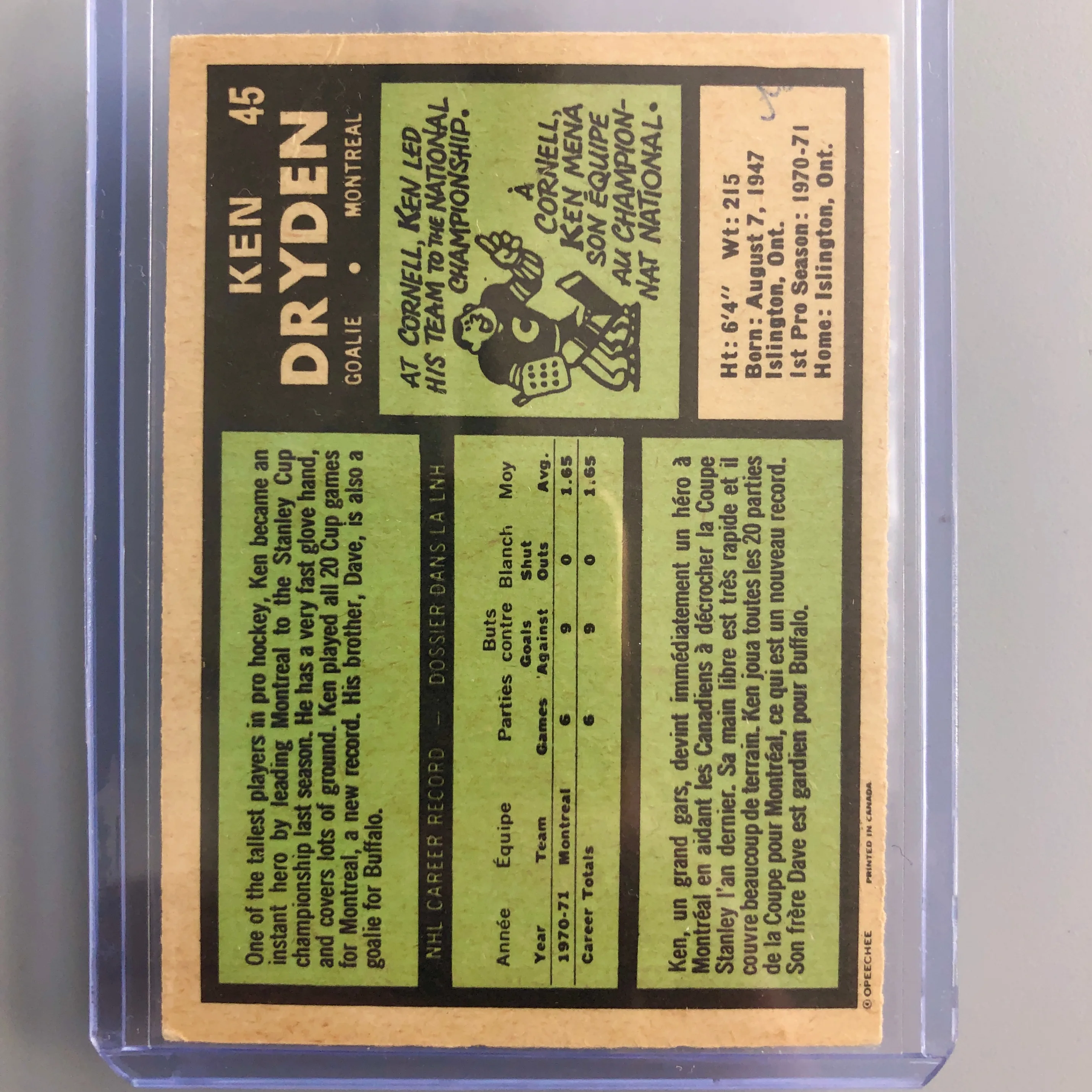 RARE! 1971 OPC Ken Dryden Rookie Card image indicator(2)