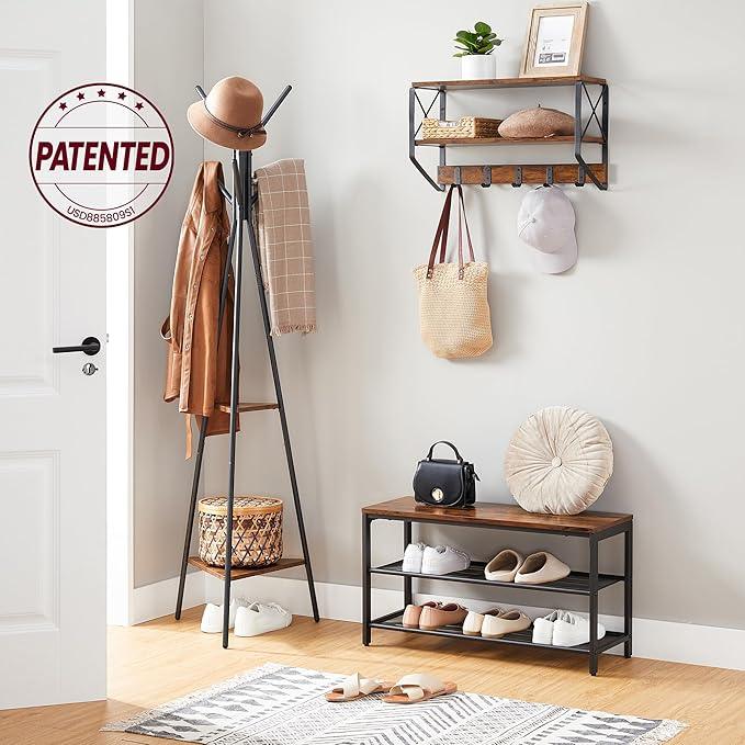 Coat Hanger Stand with 6 Hooks & 2 Shelves – Rustic Brown