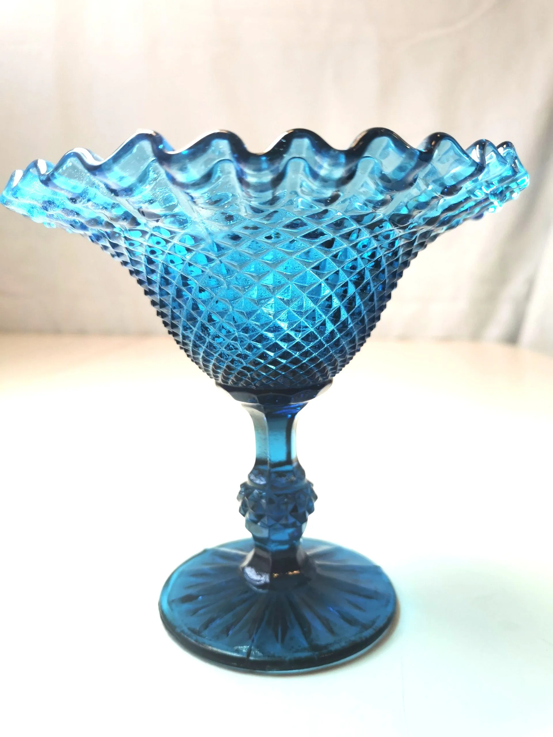 Candy Dish Pedestal Cool Blue Diamond Point Compote Vintage 60s image indicator(4)