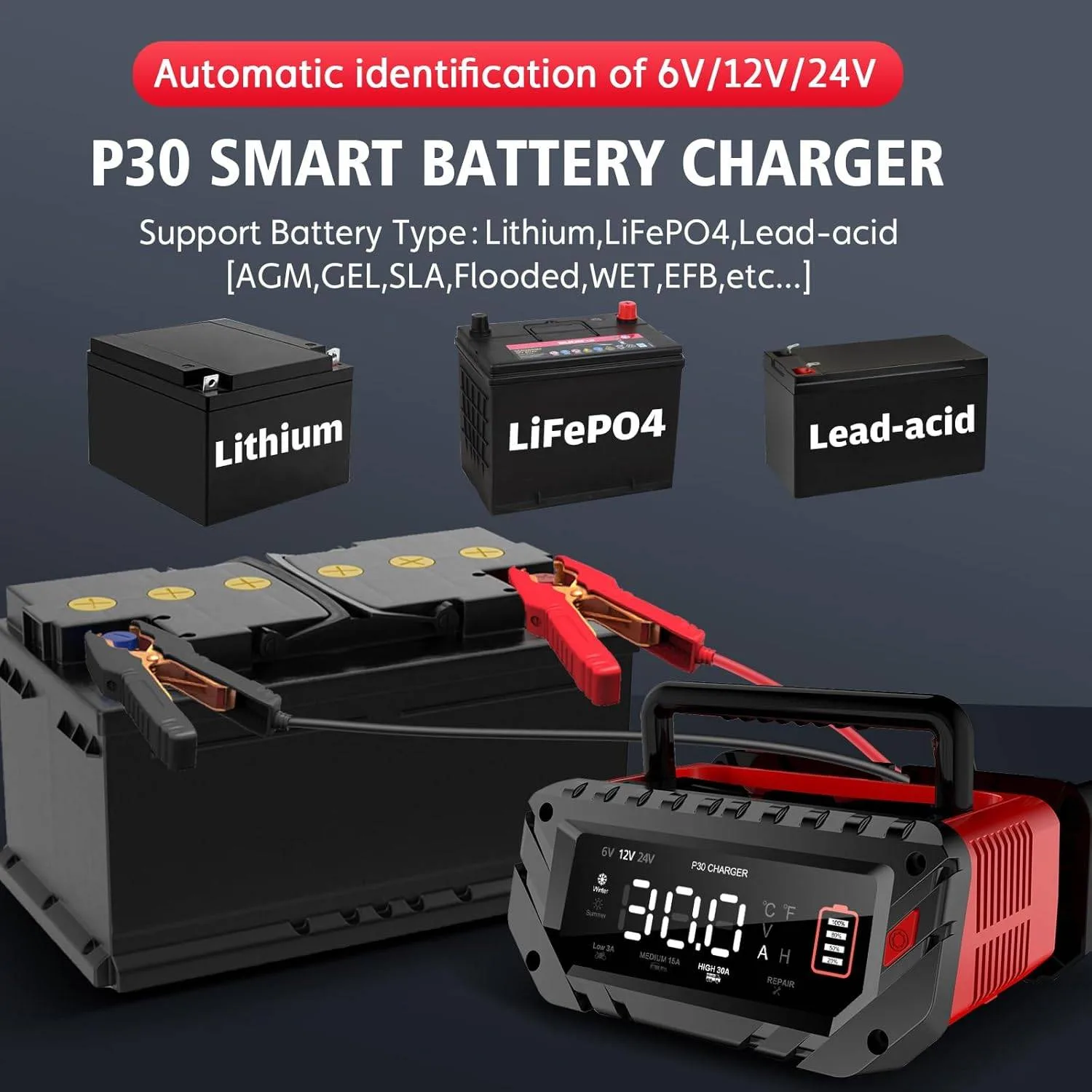 30-Amp Car Battery Charger, 6V/12V/24V Smart Automatic thumbnail