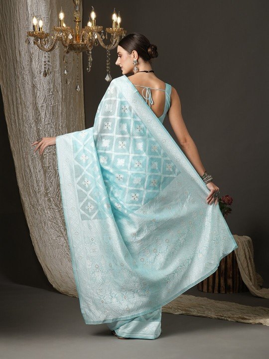 Turquoise Blue & Silver-Toned Zari Silk Cotton Banarasi Saree - photo 3