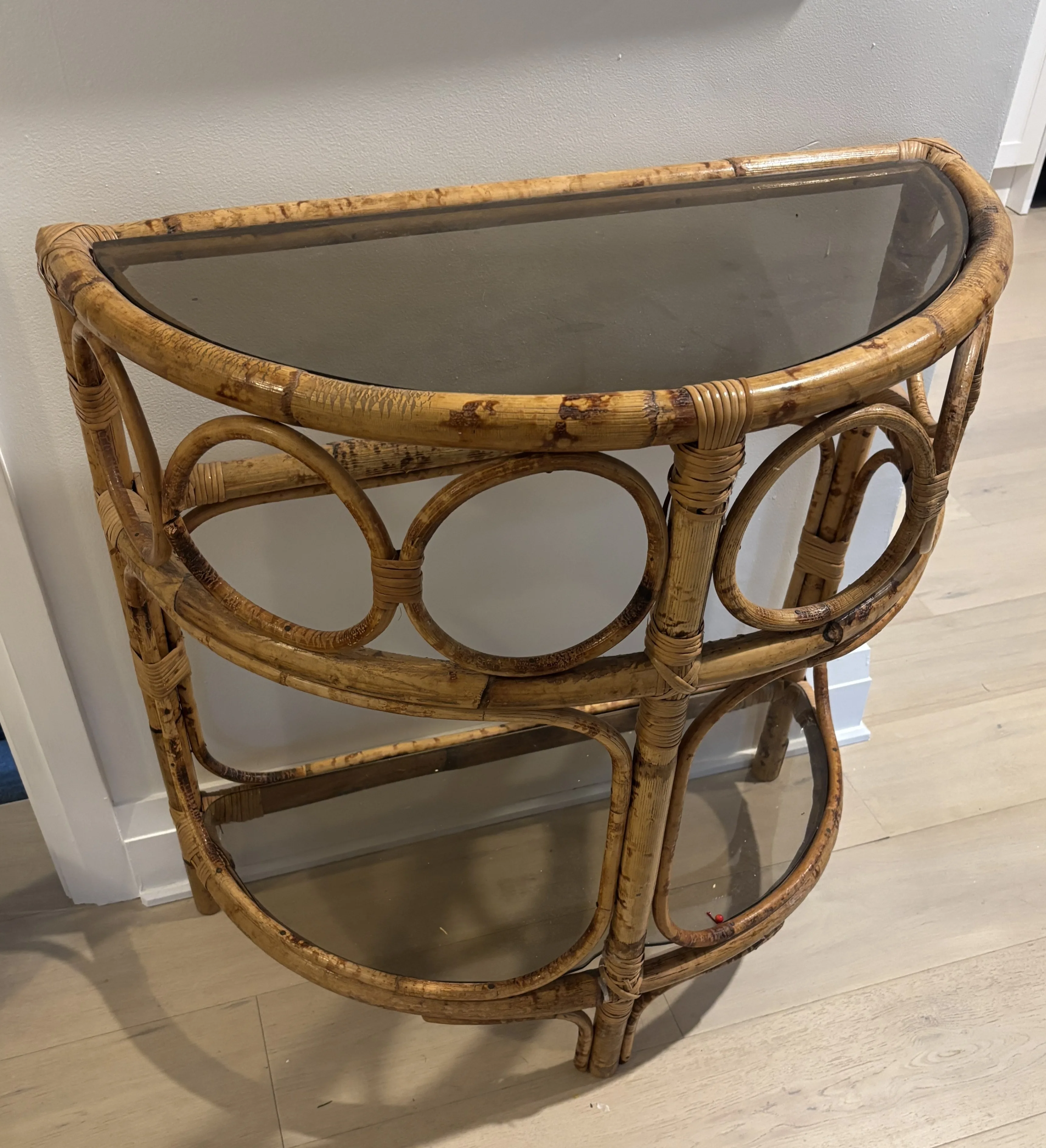 Vintage Rattan and Bamboo Demilune Console table with Glass Top thumbnail