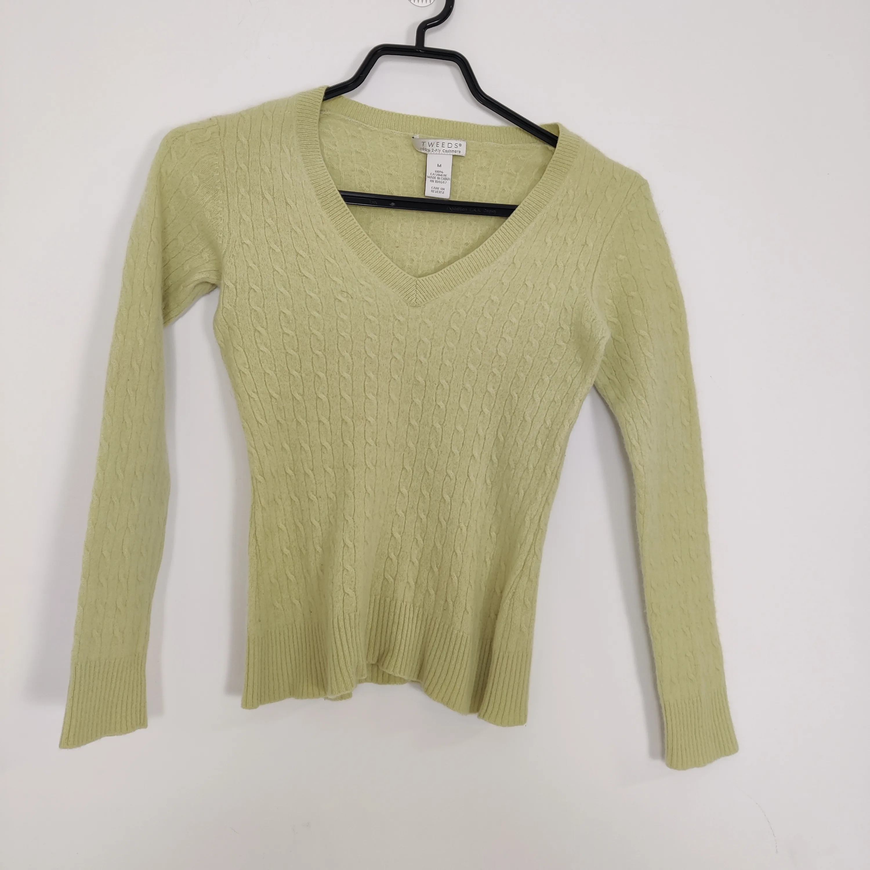 Tweed 100% Cashmere Green Sweater Girl's Size Medium V-neck thumbnail