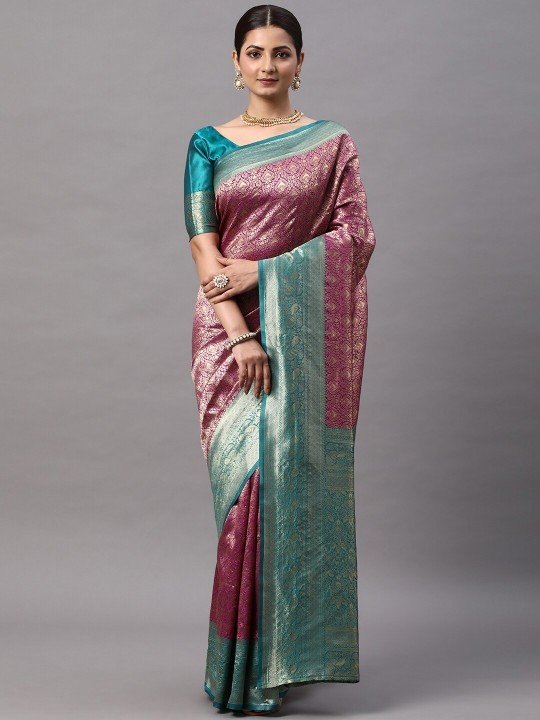 Magenta & Sea Green Zari Kanjeevaram Saree with Ethnic Motifs