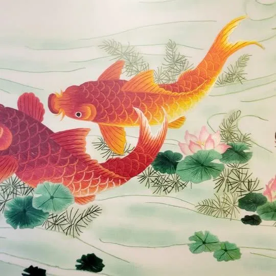 Vintage 9 Koi Fish Silk Painting image indicator(3)