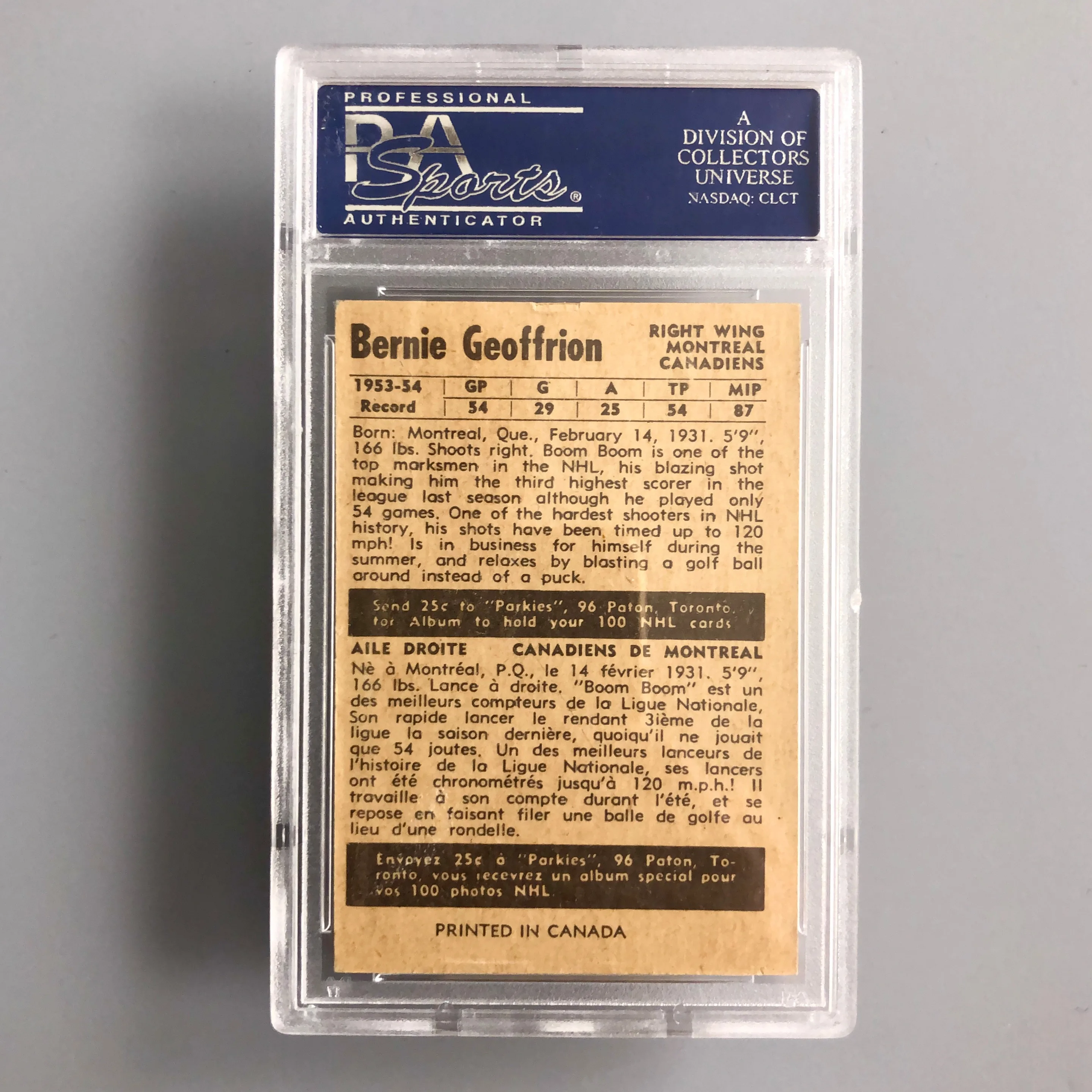 RARE! 1954 Parkhurst PSA Graded Boom Boom Geoffrion image indicator(2)