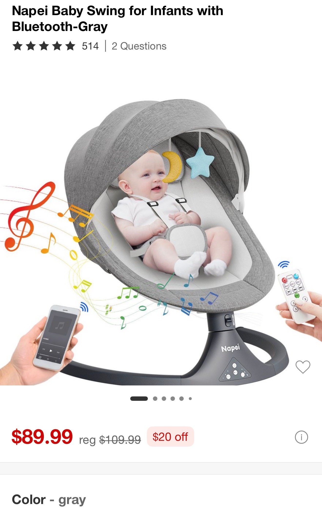 Napei Baby Swing for Infants with Bluetooth-Gray $80