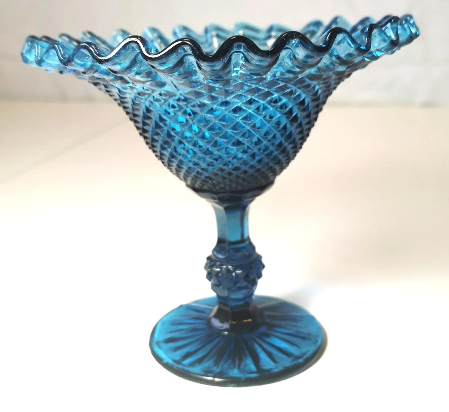 Candy Dish Pedestal Cool Blue Diamond Point Compote Vintage 60s image indicator(8)