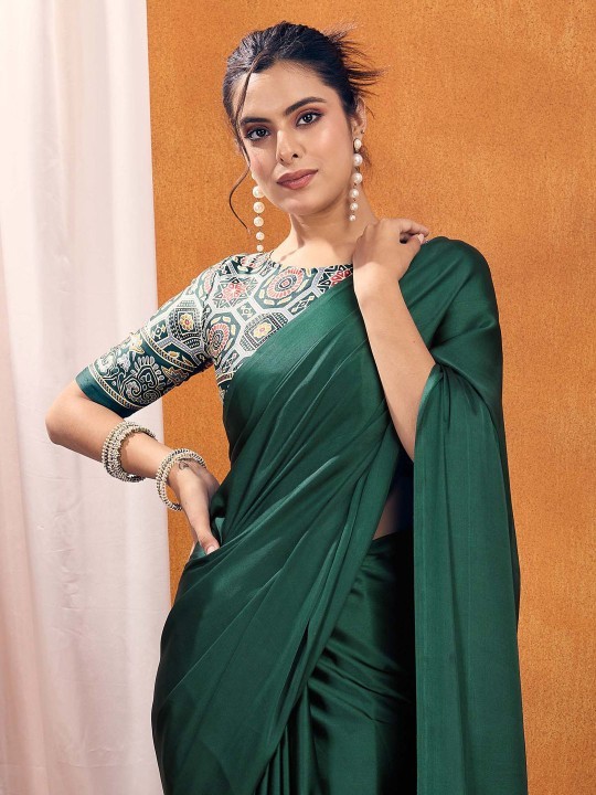 Ajrak Block Print Satin Saree with Blouse Piece - photo 3