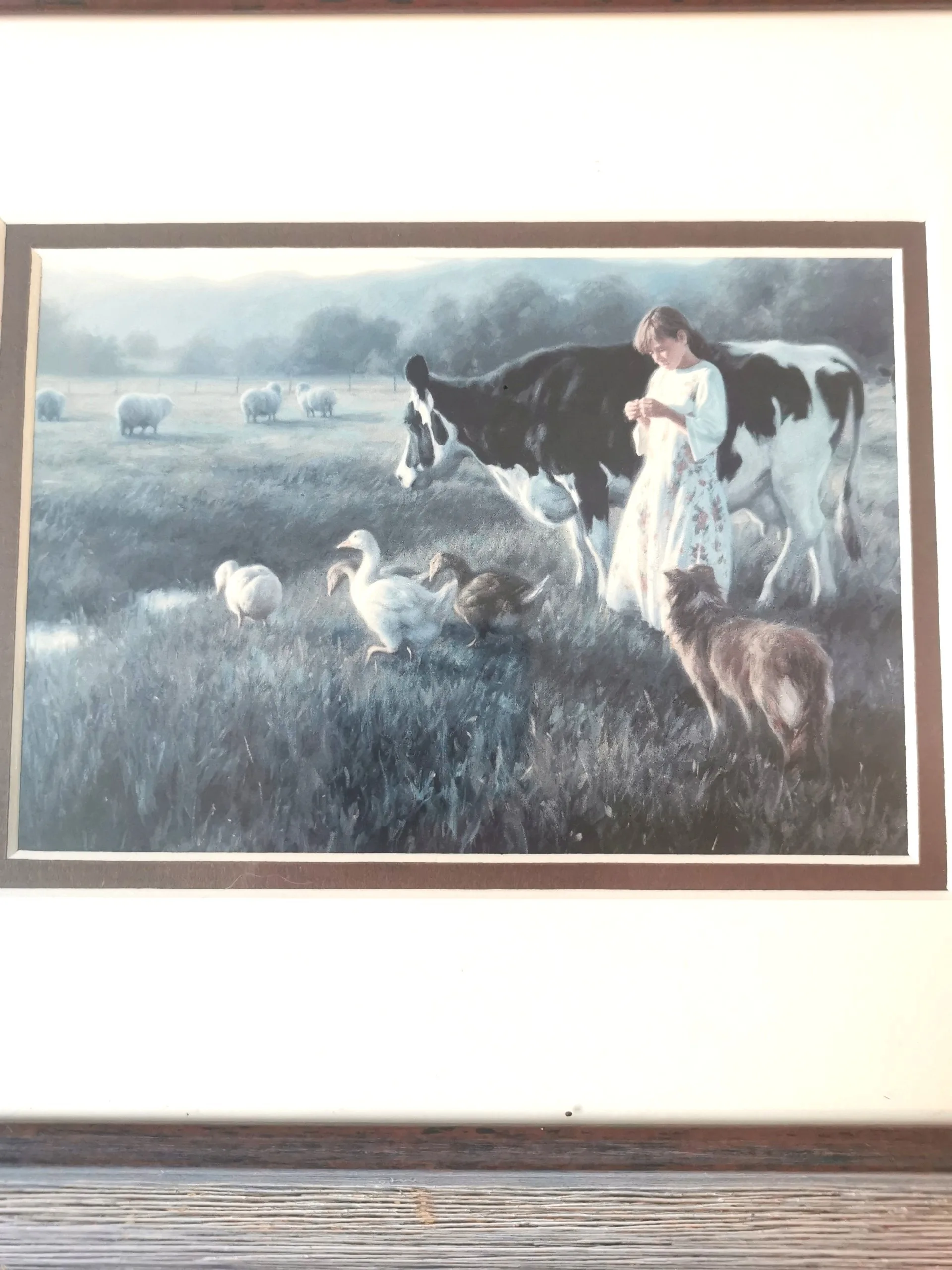 VINTAGE Robert Duncan Print "Out in the Pasture" Girl Cow Geese image indicator(3)
