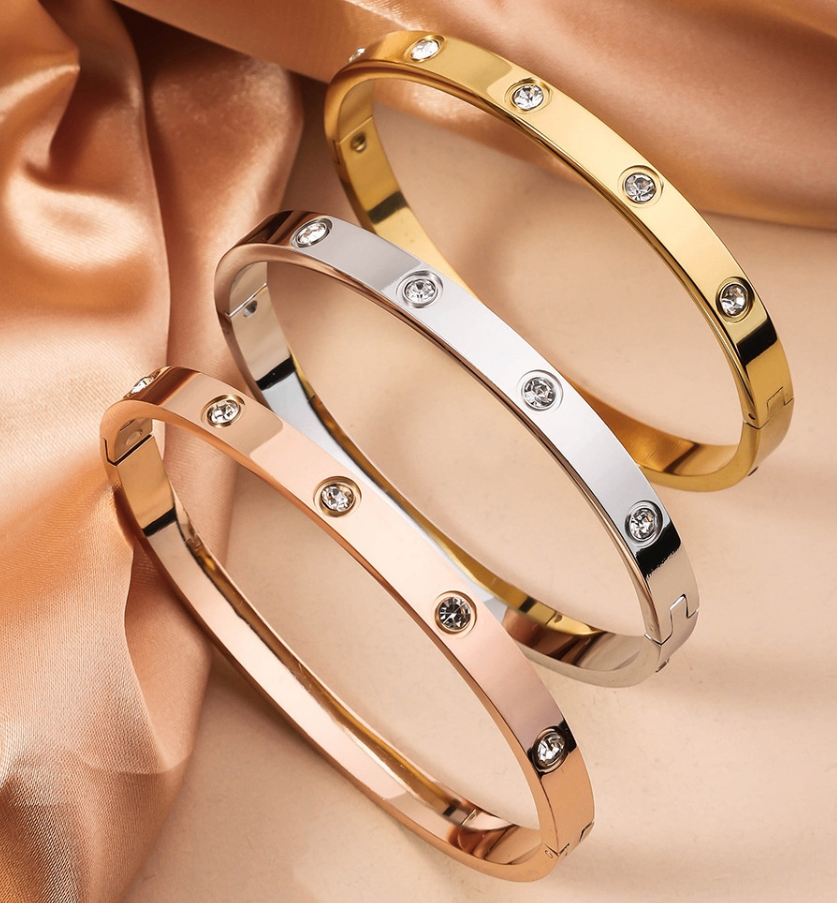Set of 3 Luxury Stainless Steel Crystal Bangles