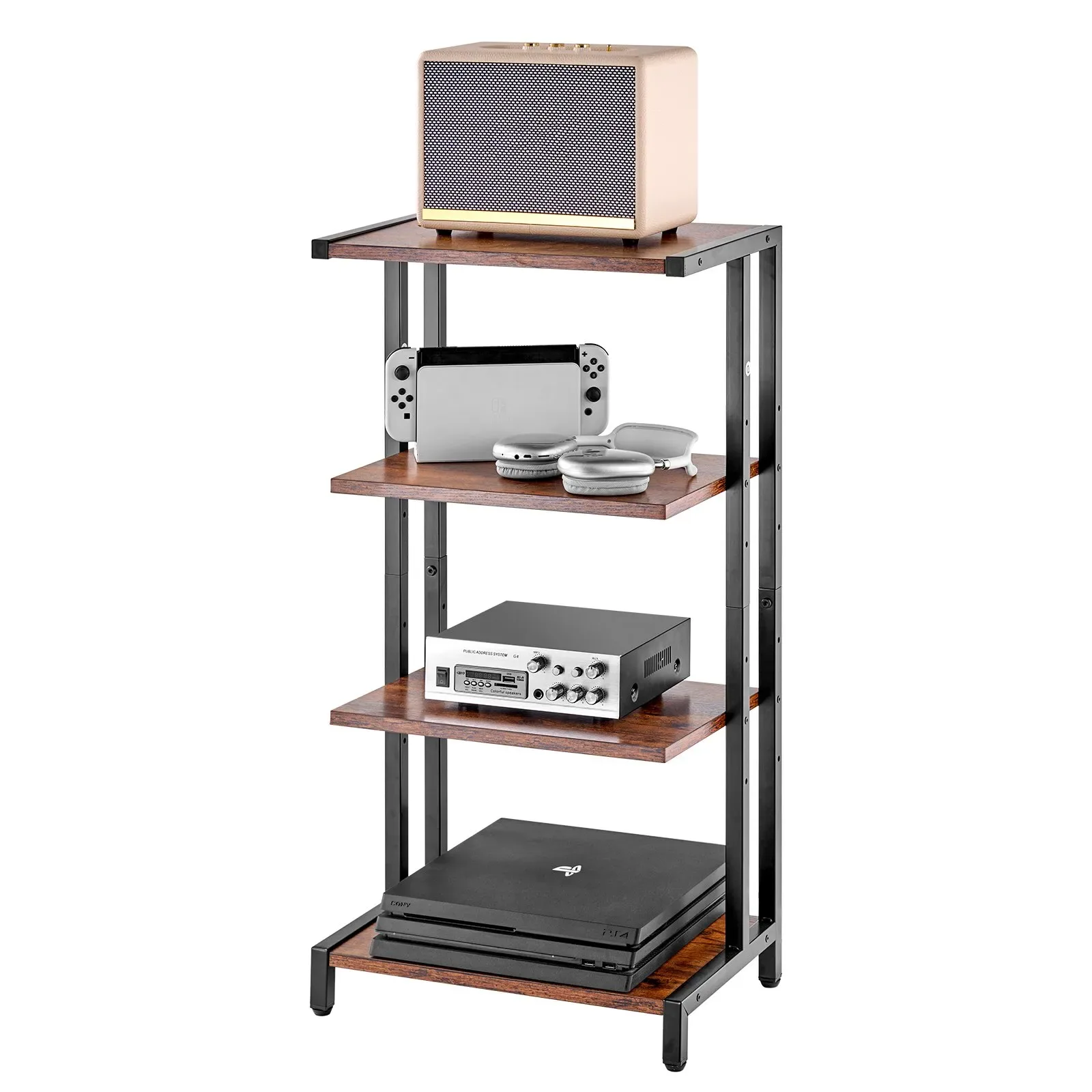 4-Tier Wooden Media Stand – Adjustable Shelves, Corner TV Rack thumbnail