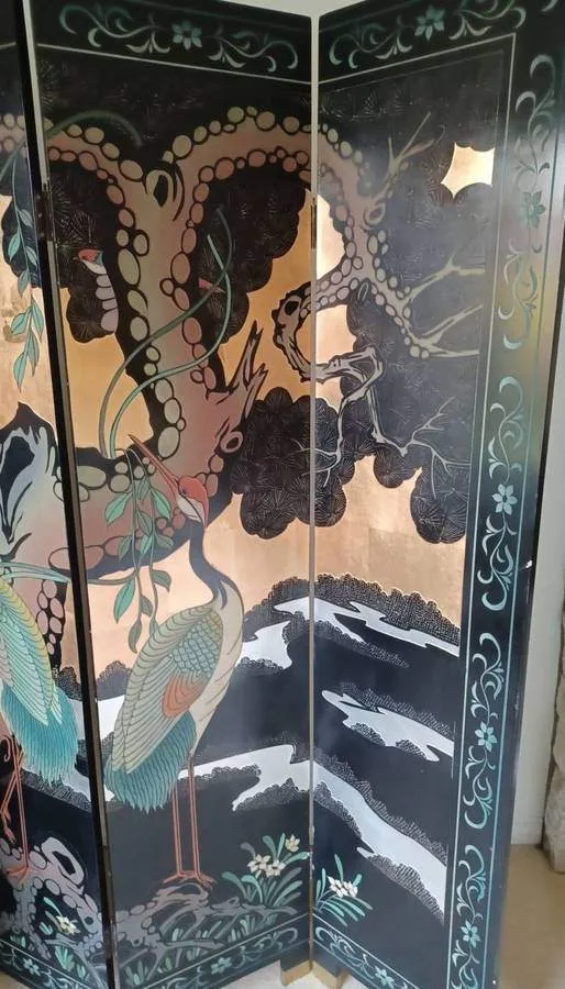 RARE SHOW HOME Double-Sided Asian Hand-Painted Screen Cranes image indicator(6)