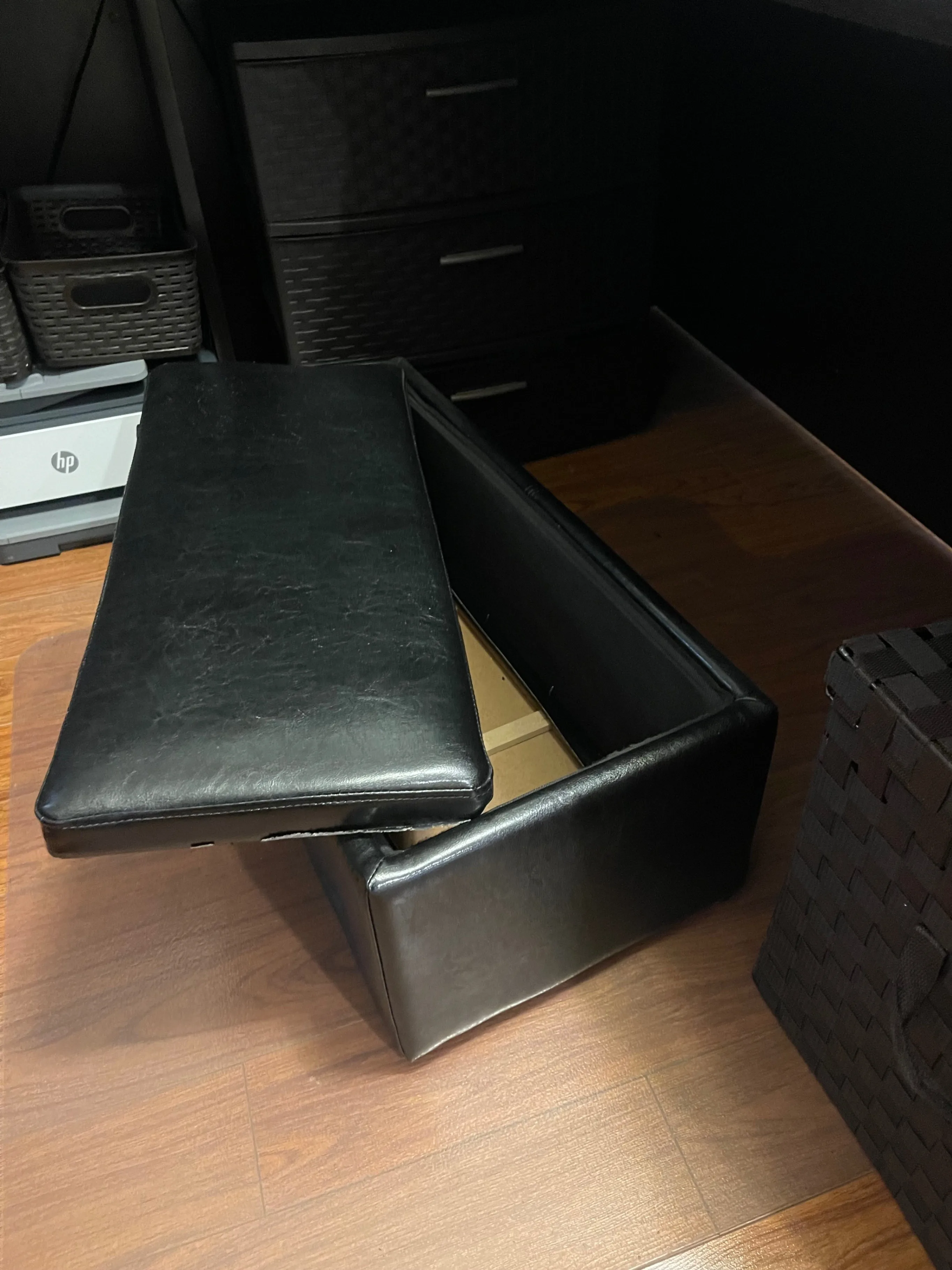 Black Leather Rectangle Ottoman with Storage thumbnail