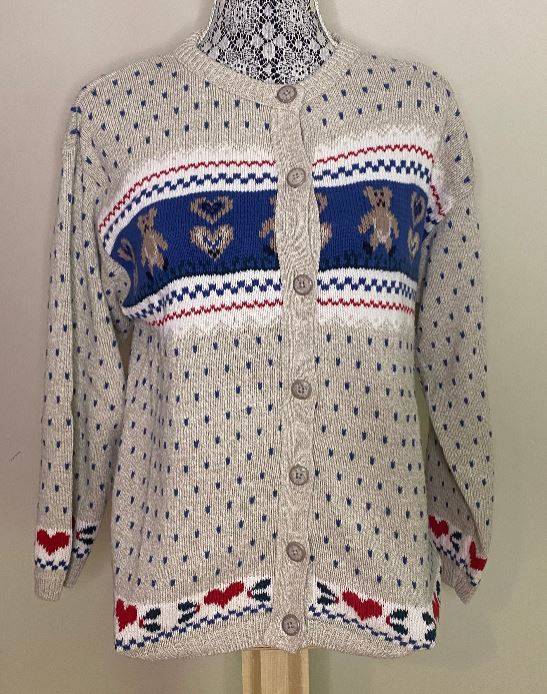 Cottage Cove Heart and Bear Full Button Women’s Cardigan Medium