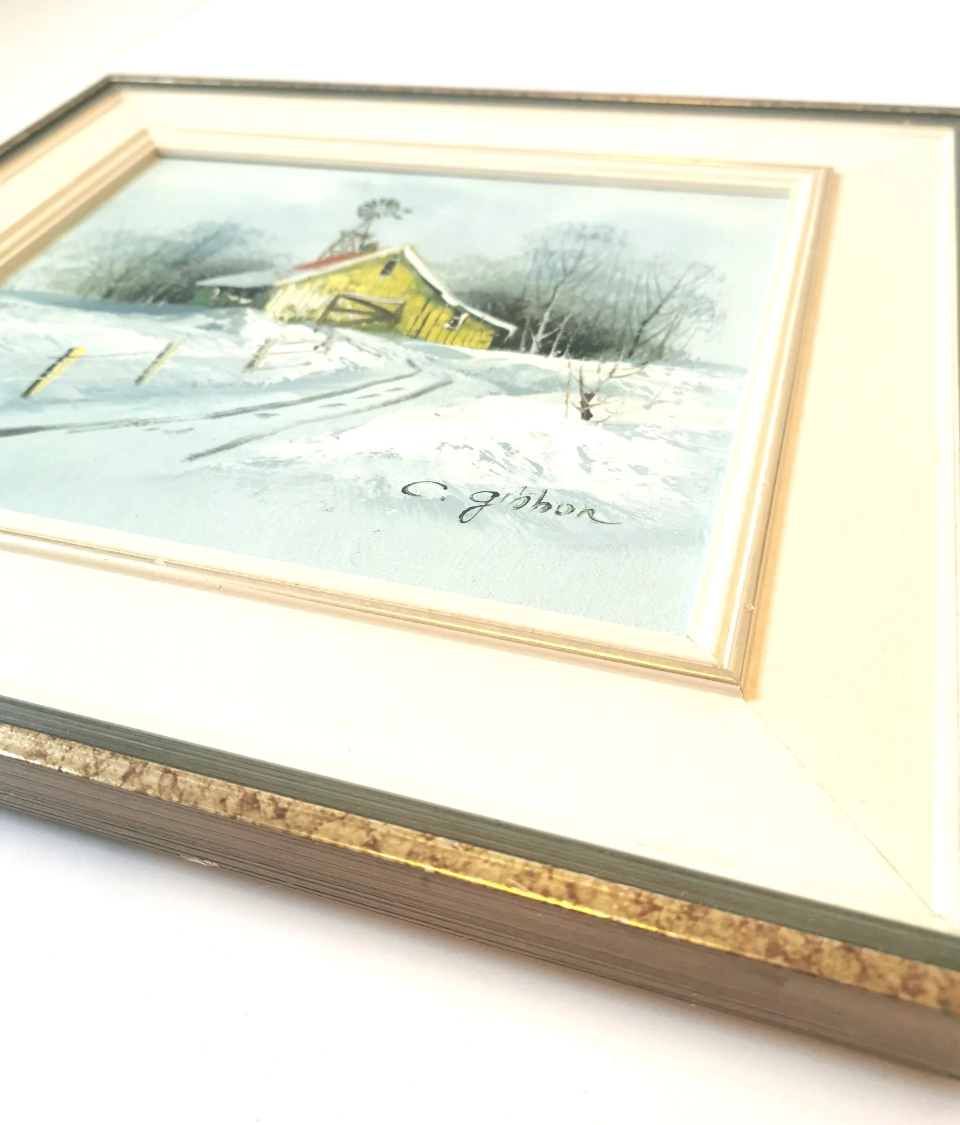 Vintage C. Gibbon Oil Painting Winter Barn Snow Scene on Farm image indicator(5)