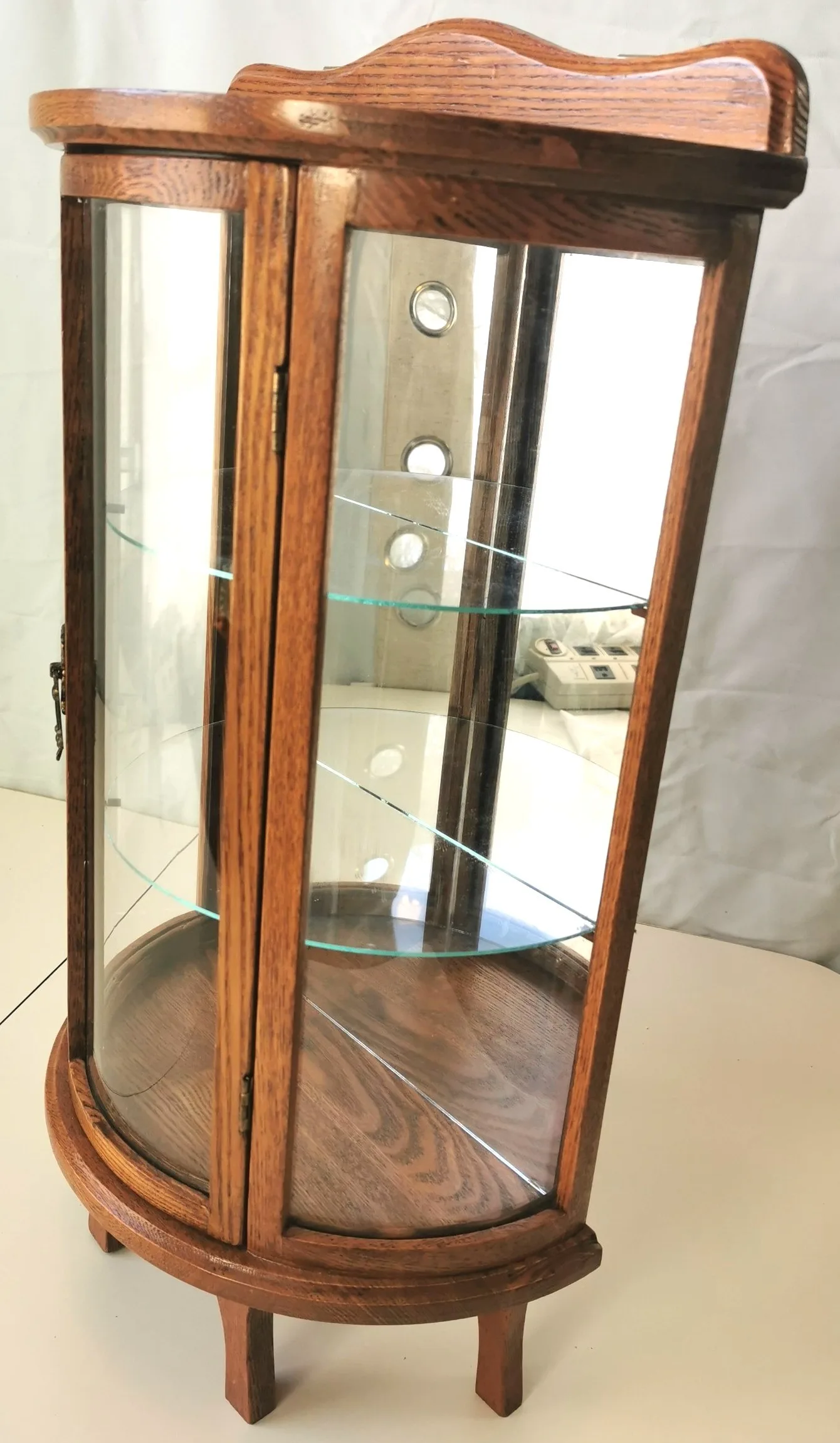 Vintage Hardwood Curio Cabinet Curved Glass Door Half Round image indicator(4)