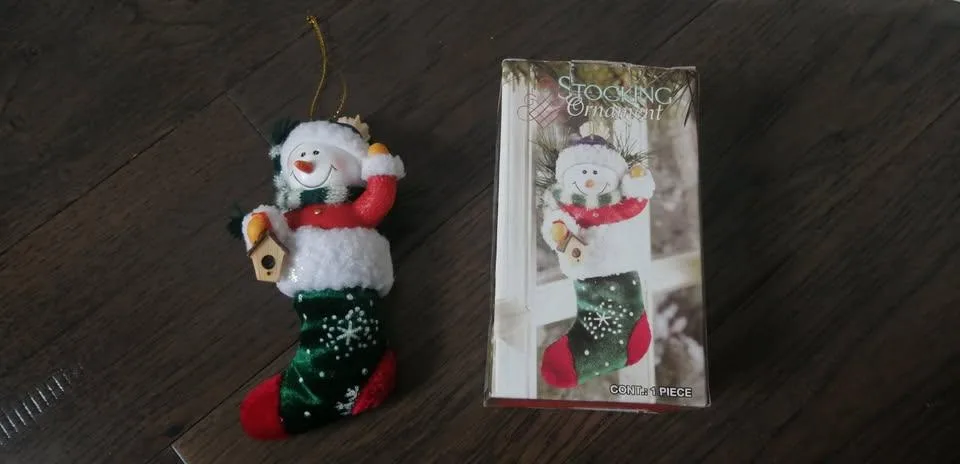 NEW NEVER USED Snowman Stocking Tree Ornament image indicator(2)