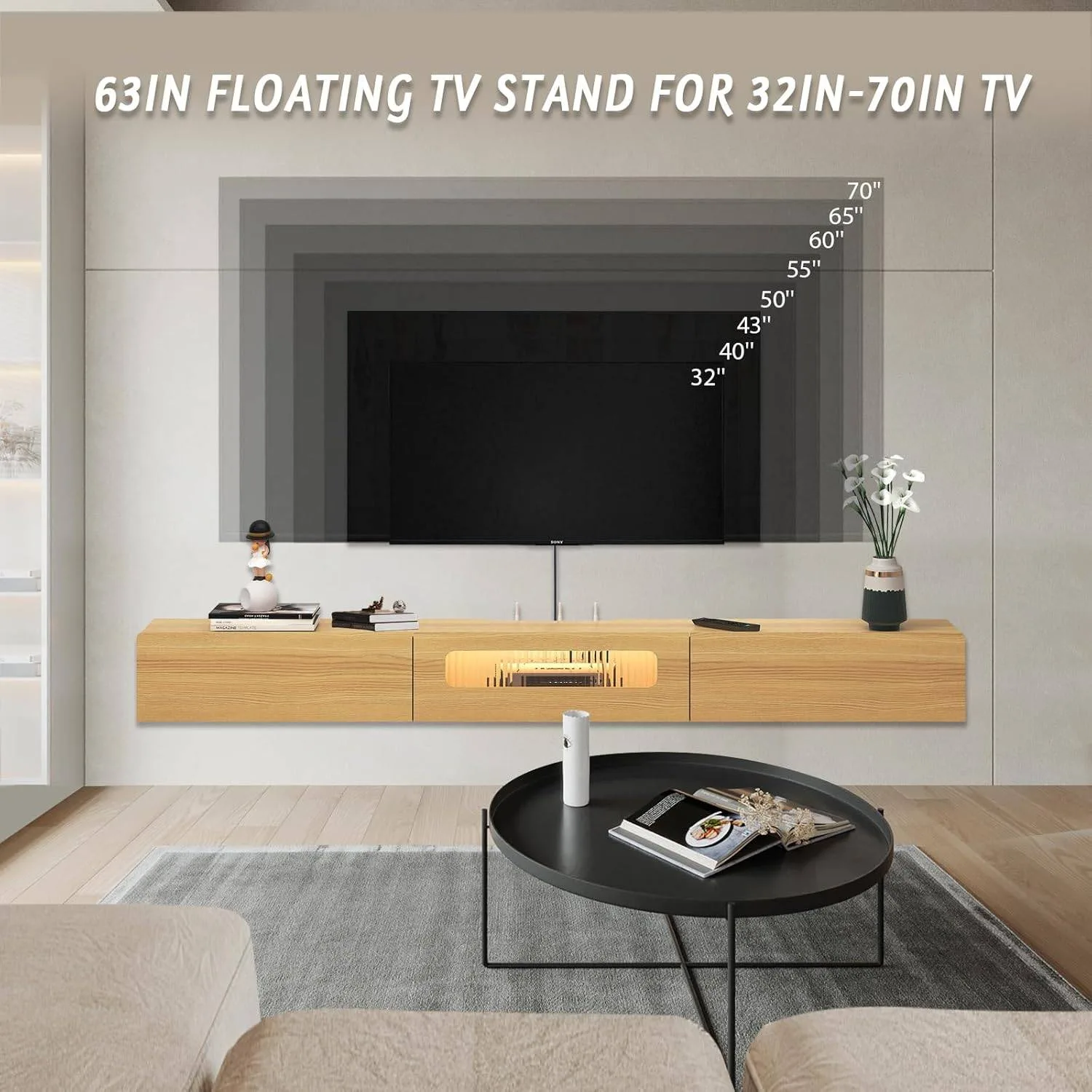 Bixiaomei Floating TV Stand with LED Lights 63'' Wall Mounted TV image indicator(2)