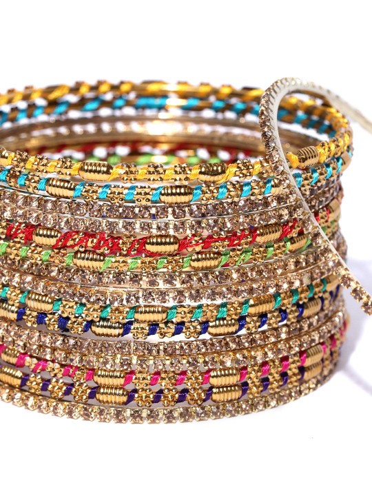 Premium Set of 16 Multicolour Thread Work and Stoned Bangles - photo 3