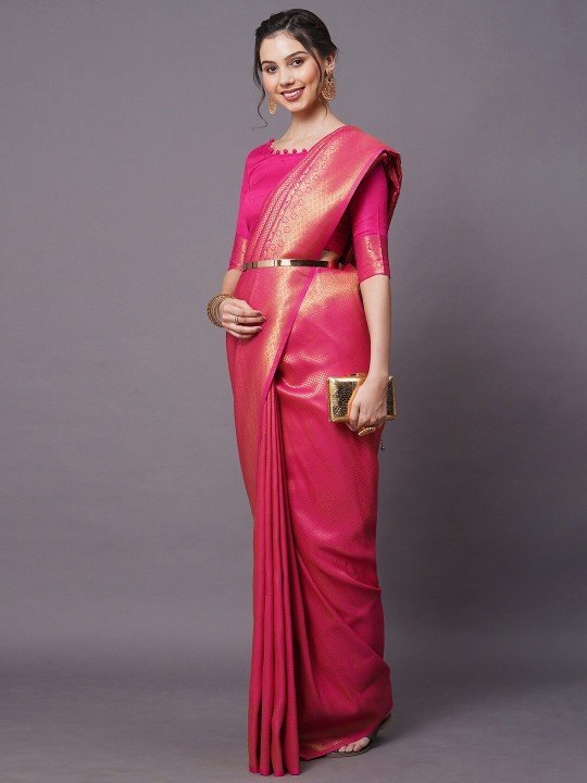 Women’s Pink Woven Design Silk Blend Saree – Elegant Festive