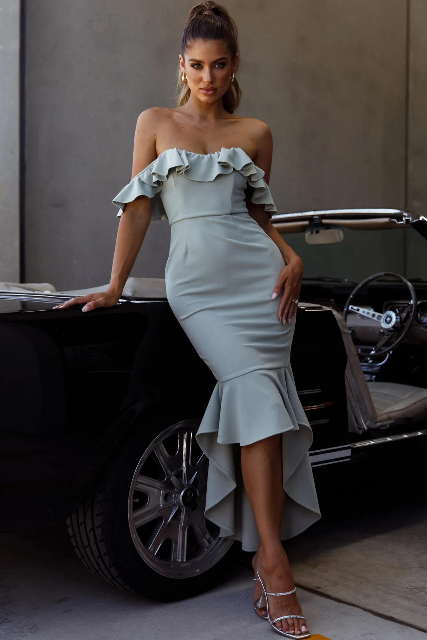 Selfie Leslie Cloud 9 Bardot Neckline Corset Back Sage Dress  L