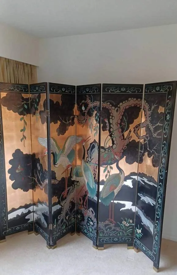 RARE SHOW HOME Double-Sided Asian Hand-Painted Screen Cranes thumbnail