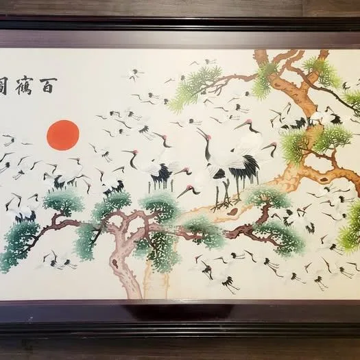 Large Vintage 100 Chinese crowned crane silk embroidery framed image indicator(4)