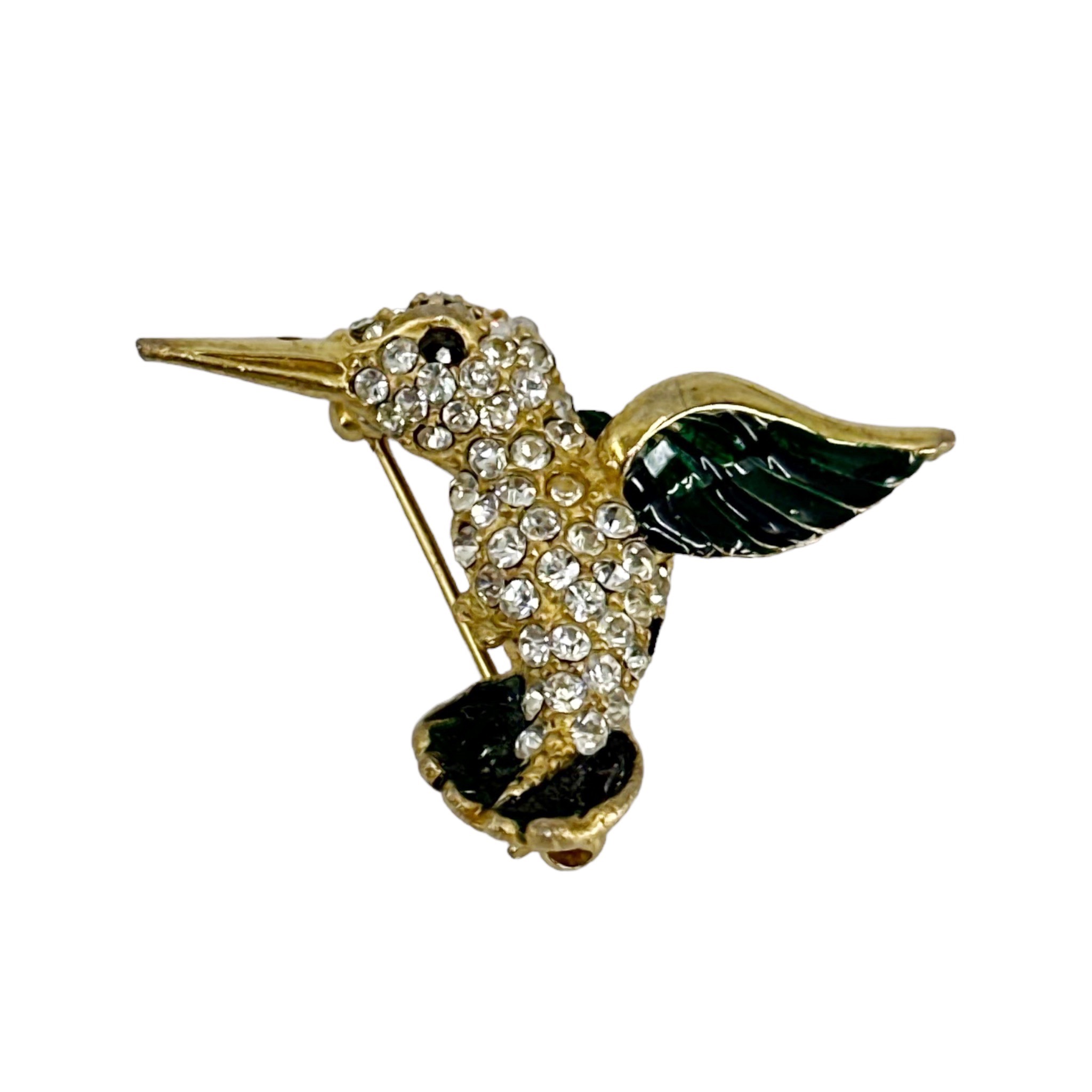 Vintage Gold tone rhinestone enamel hummingbird brooch - GM341