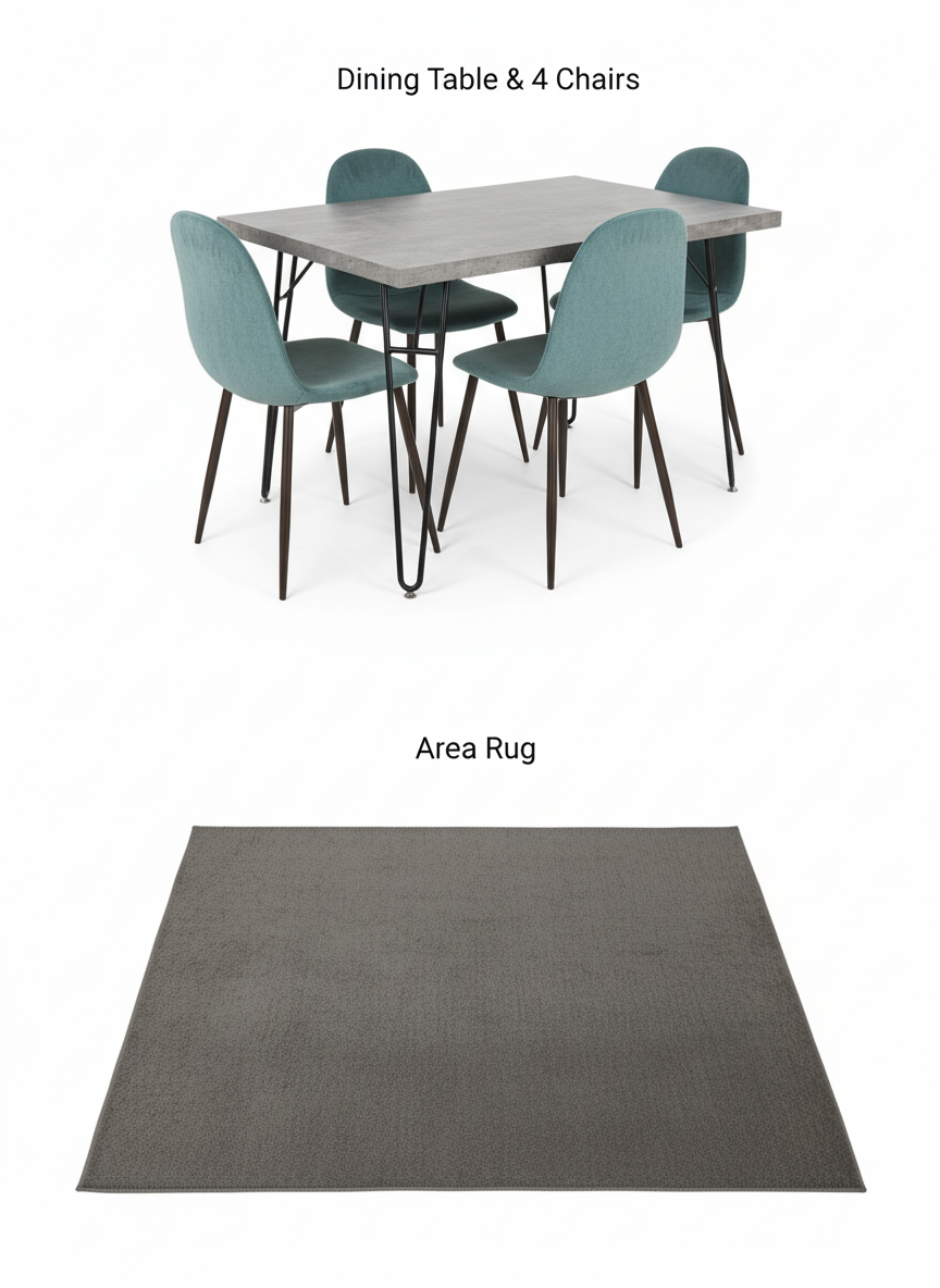 Dining table with 4 velvet teal chairs + rug (optional)