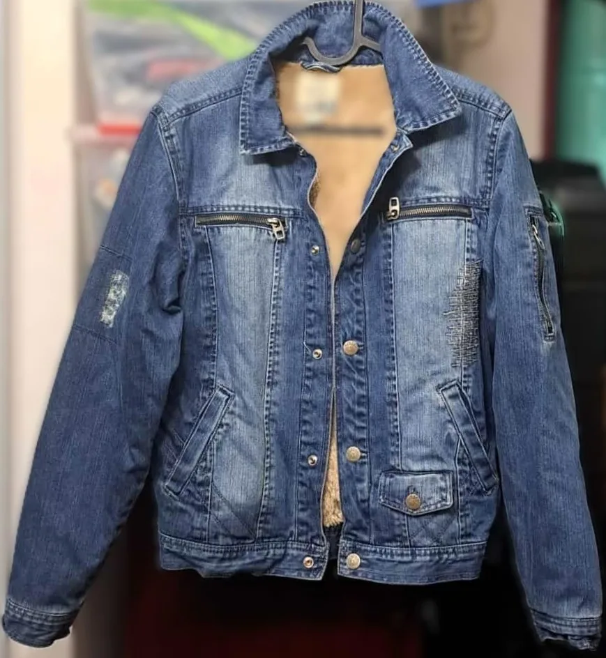 Denim Sherpa Jacket Ripped Classic Design Distressed Sleeve thumbnail