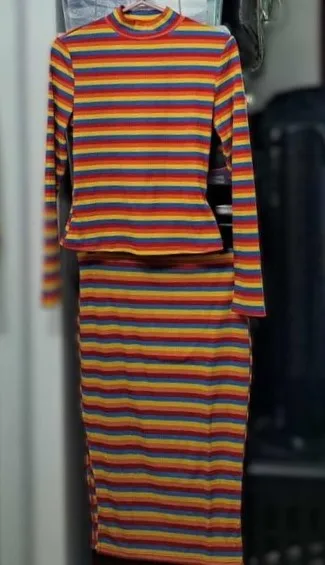 New Set EZ Wear Long-sleeved Top and Waist Midi Side Slit Skirt