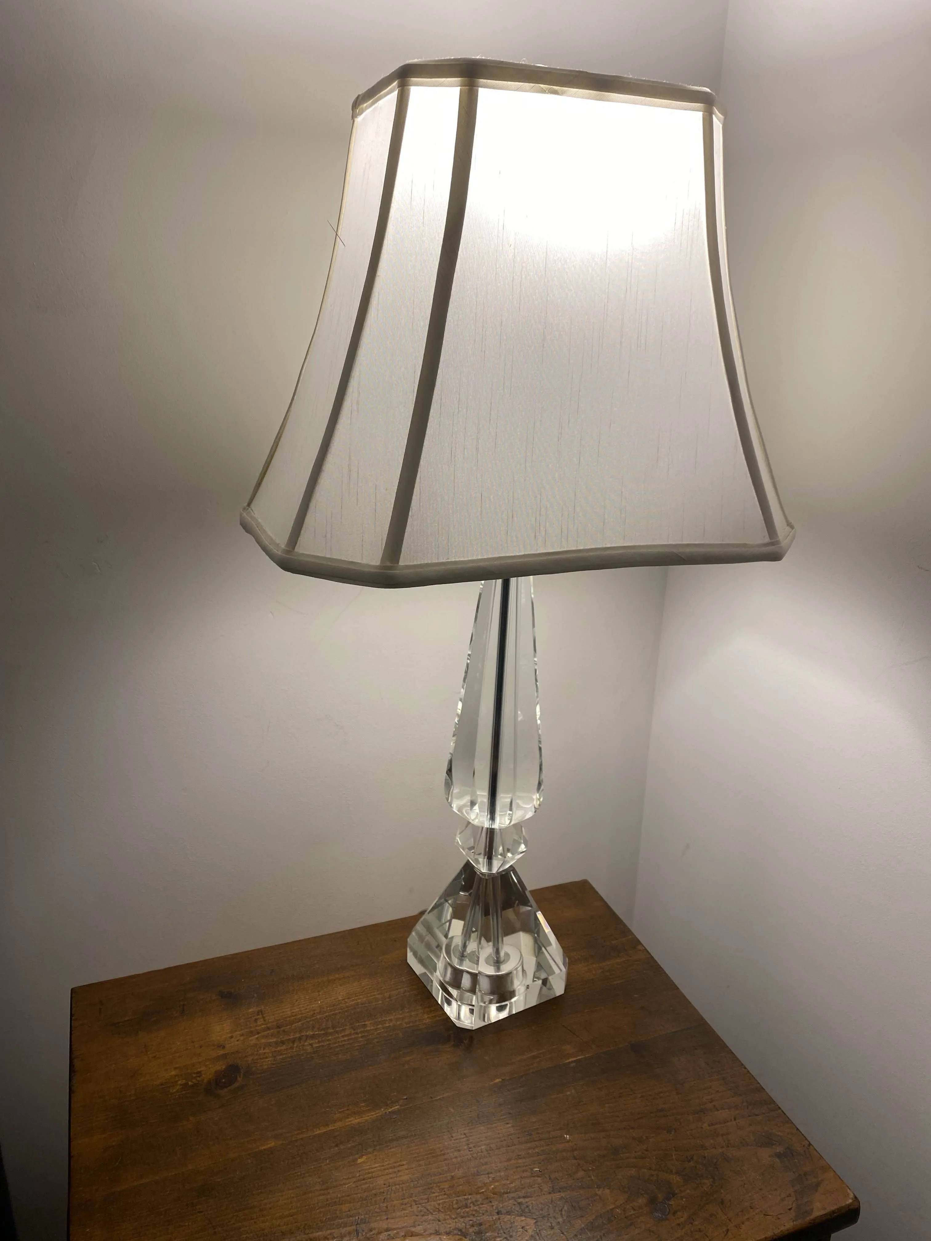 Pair of Glass Bedside Lamps – White Shades, Vintage Twist Switch