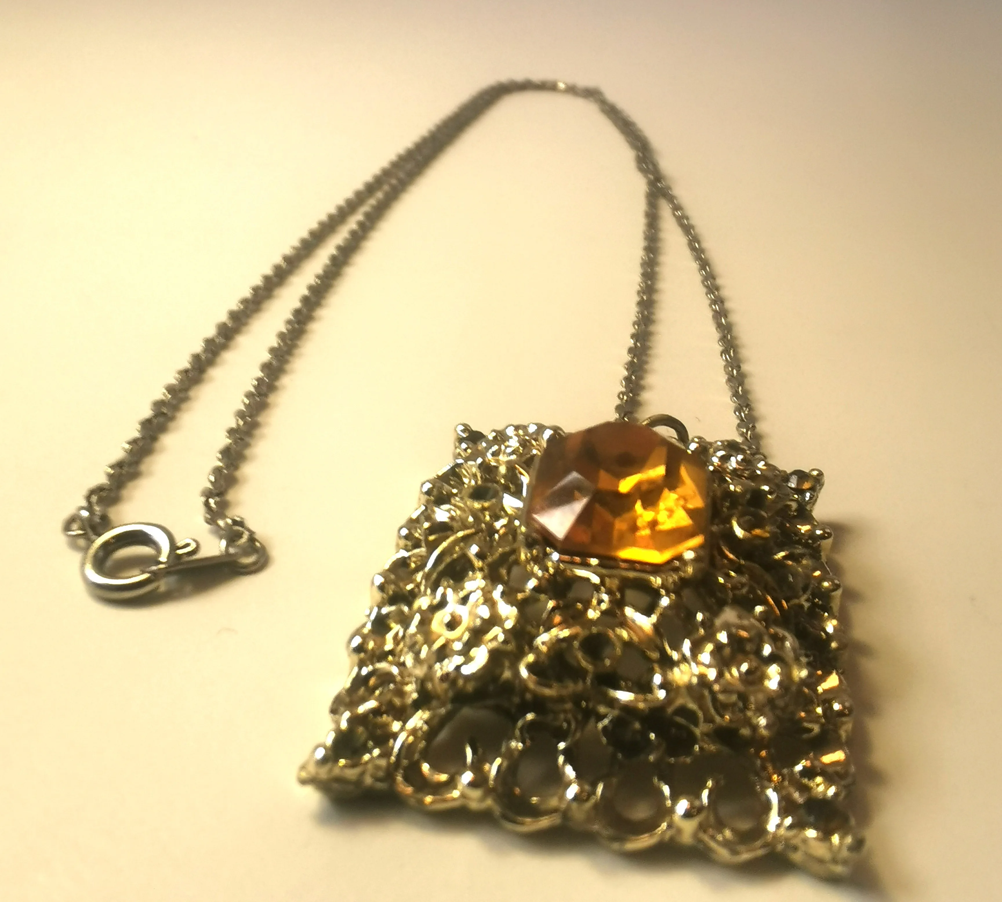 Vintage 80s Statement Necklace Citrine Glass Pendant Retro Costu image indicator(8)