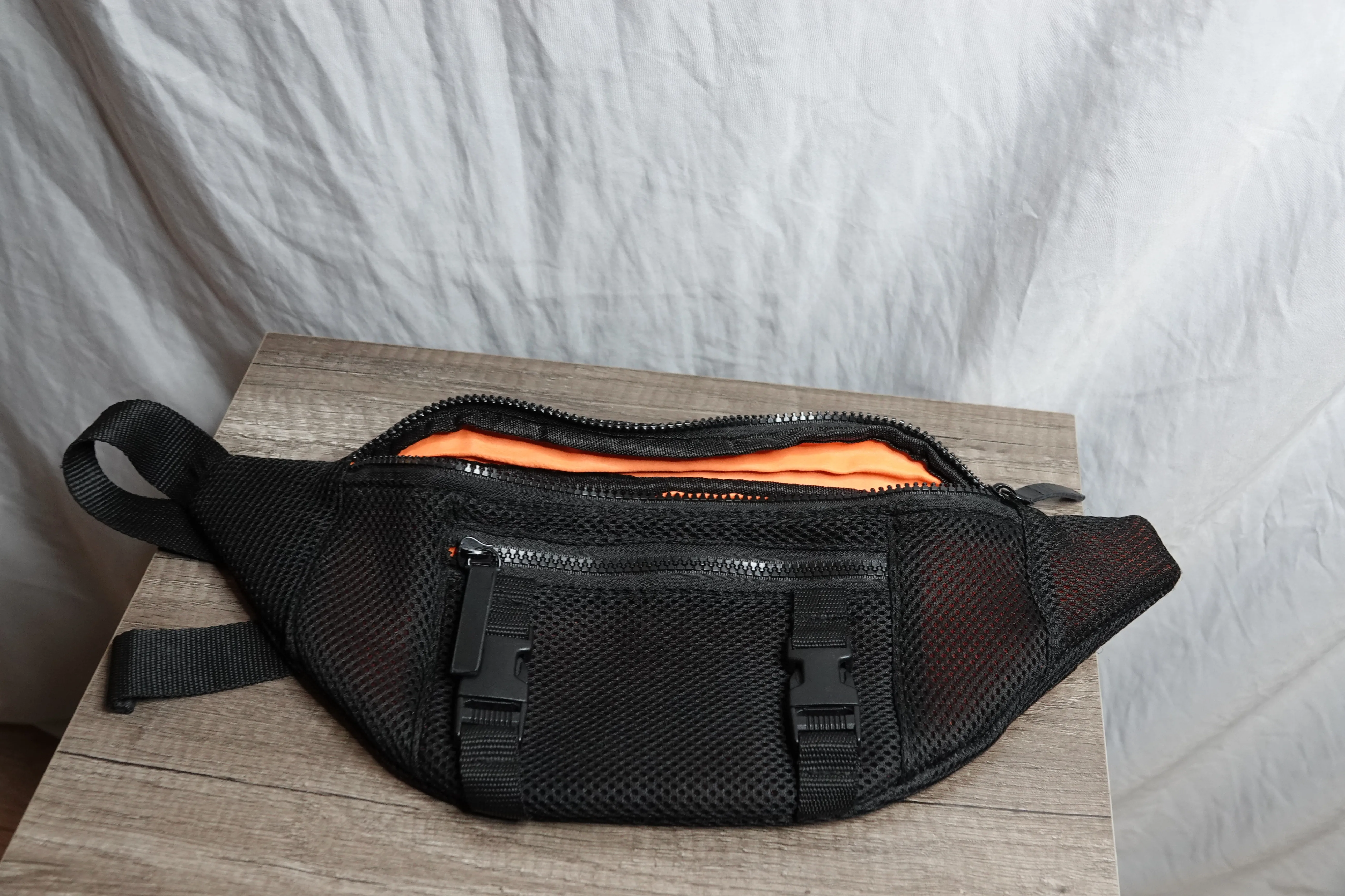 Black Mesh Fanny Pack with Orange Lining