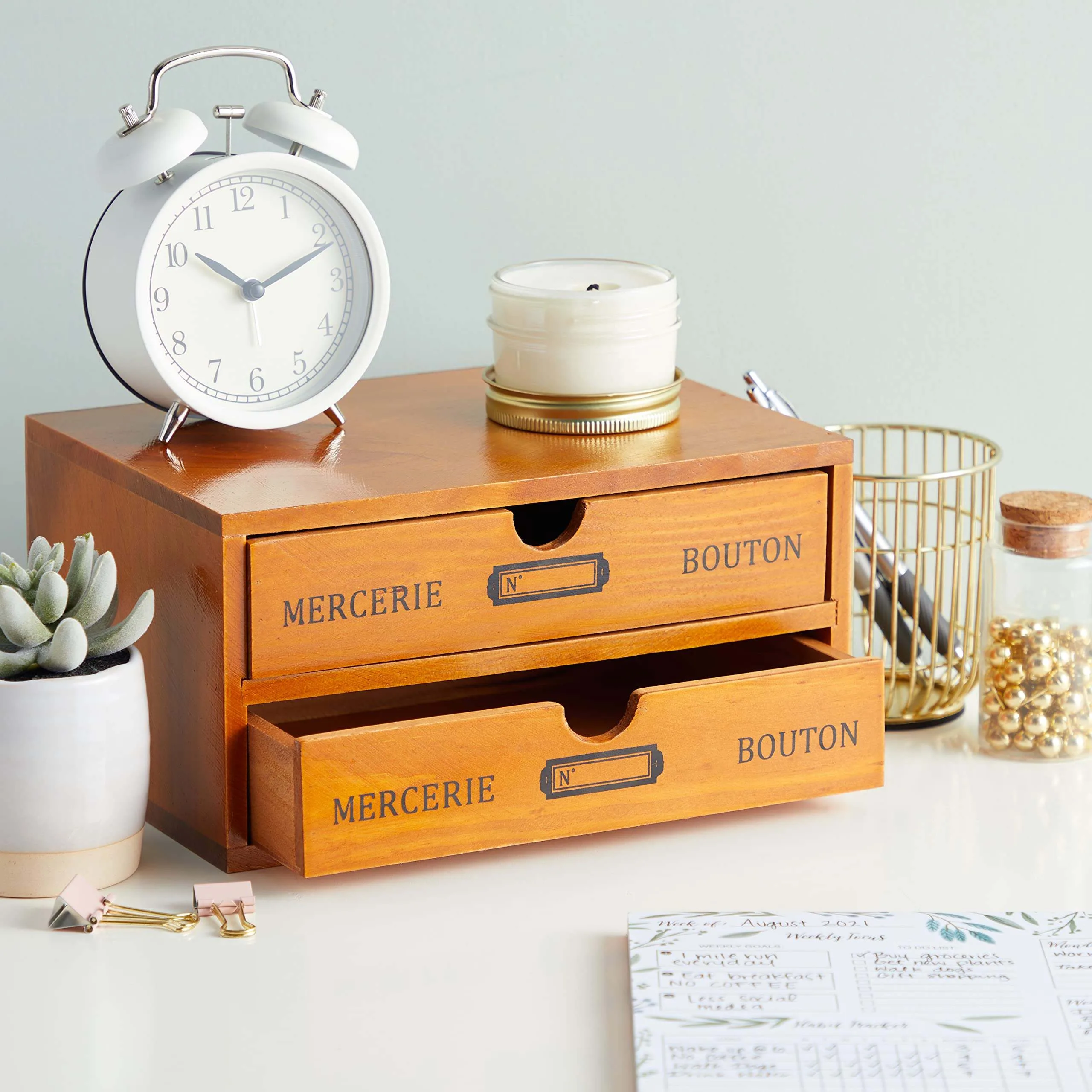 2-Tier Wooden Desktop Organizer with 2 Drawers image indicator(4)