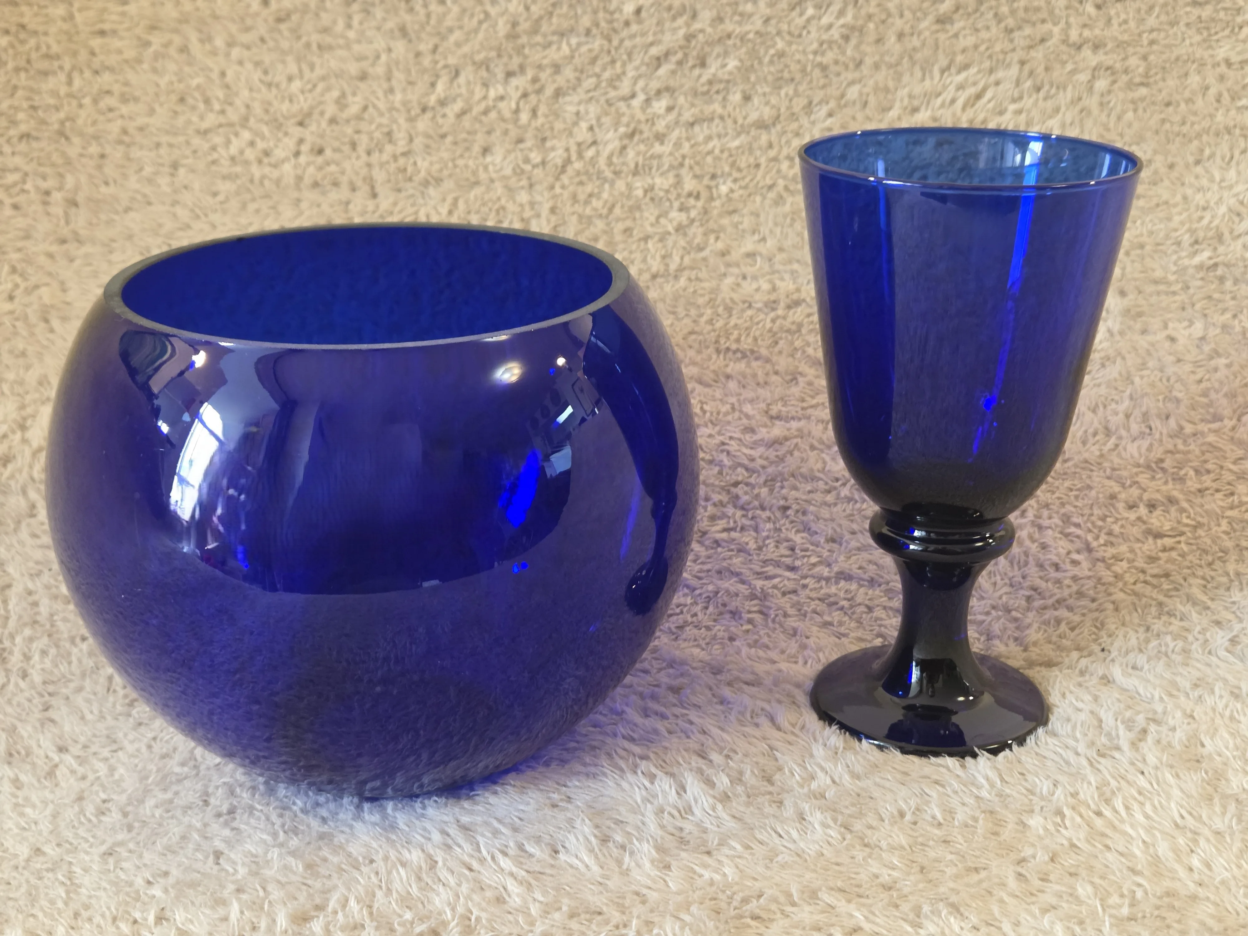 Cobalt Blue Glass Bowl Vase + Goblet, Set of 2