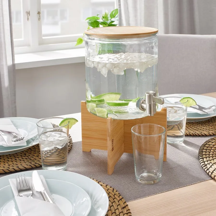 Moving sale! Beverage dispenser, bamboo/clear glass + base