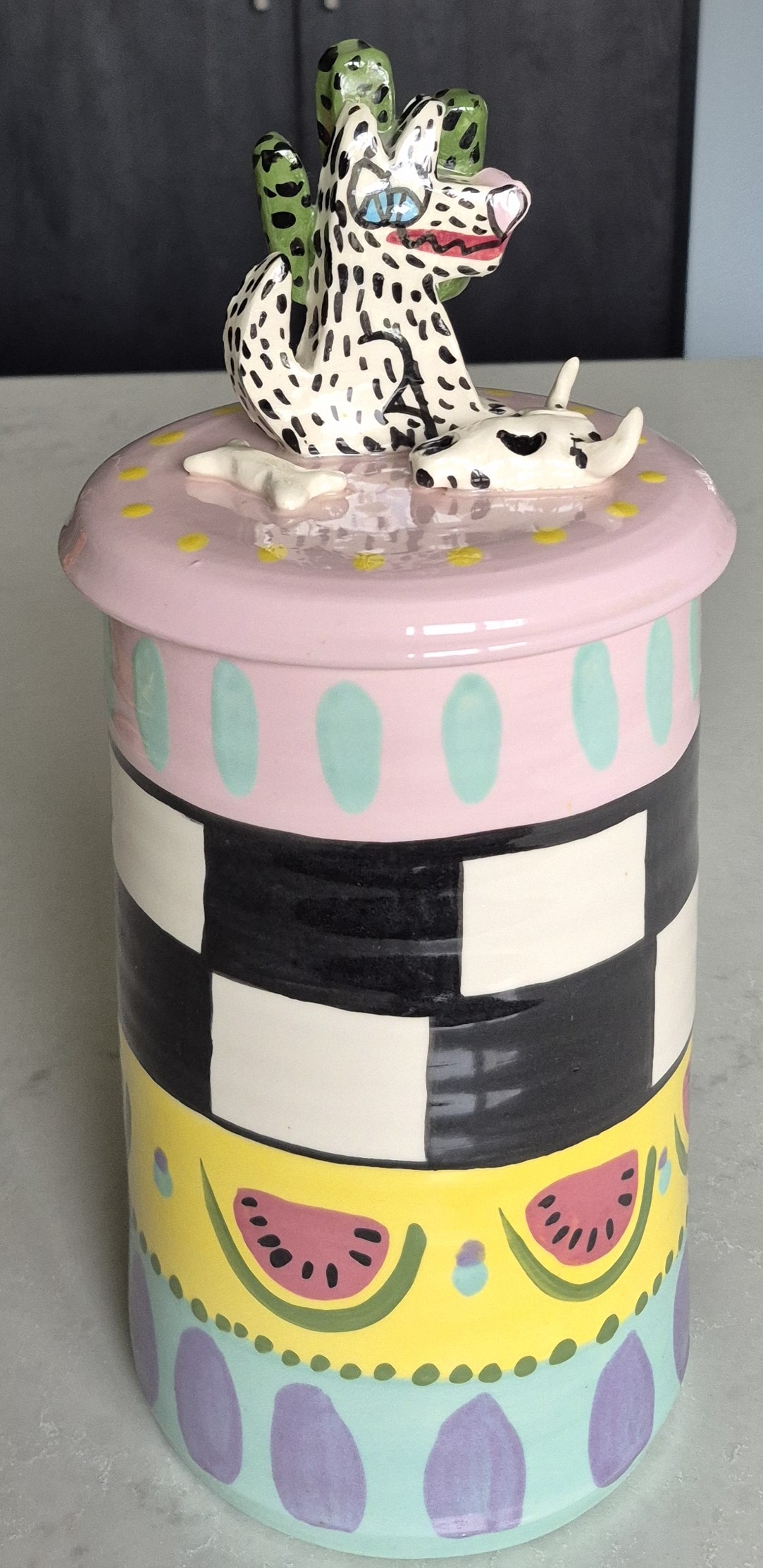 Art Pottery- Large Canister with Whimsical Dog on Lid
