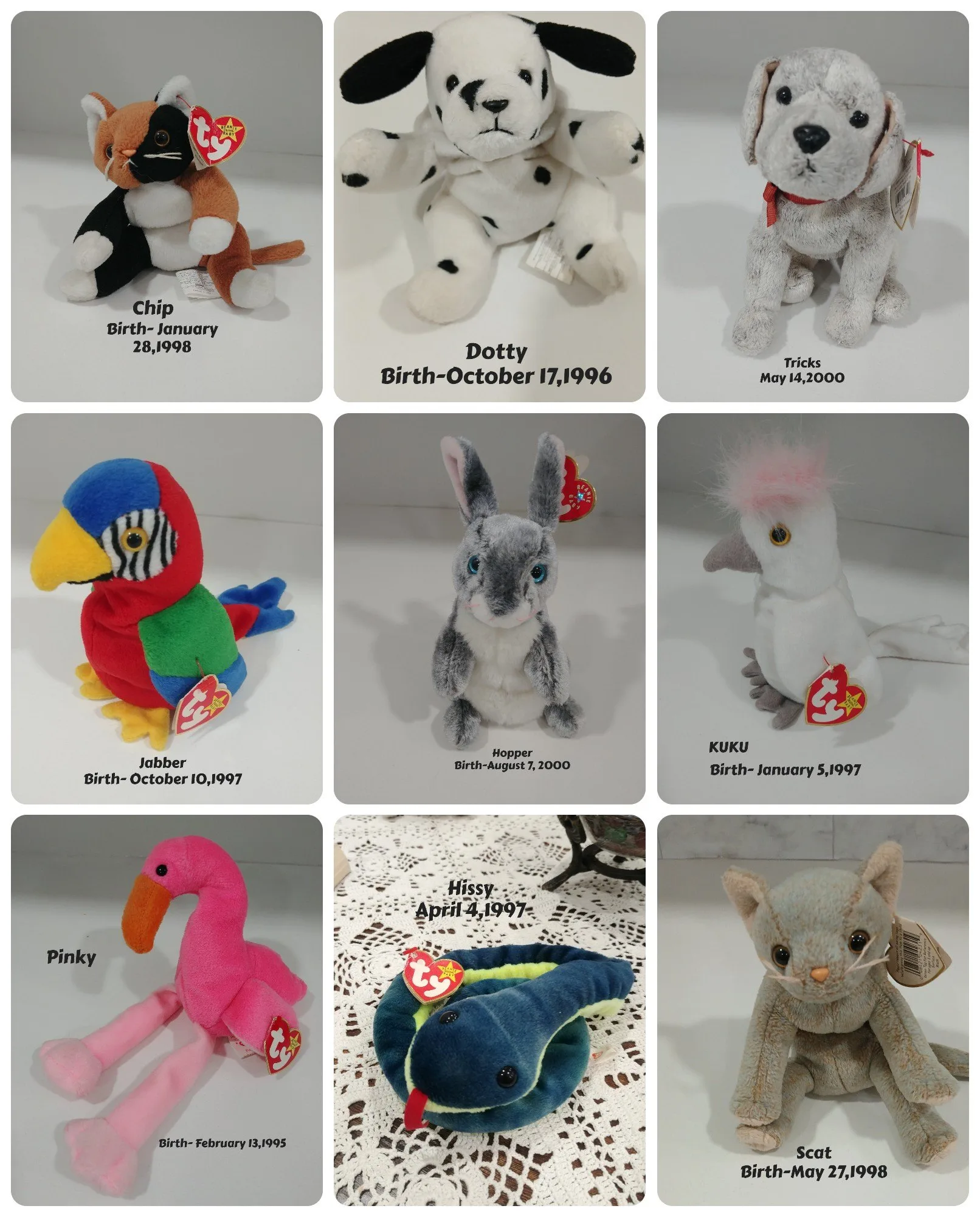 Stocking Stuffers,Ty Beany Babies w Birth Tags,Like new,$15 each