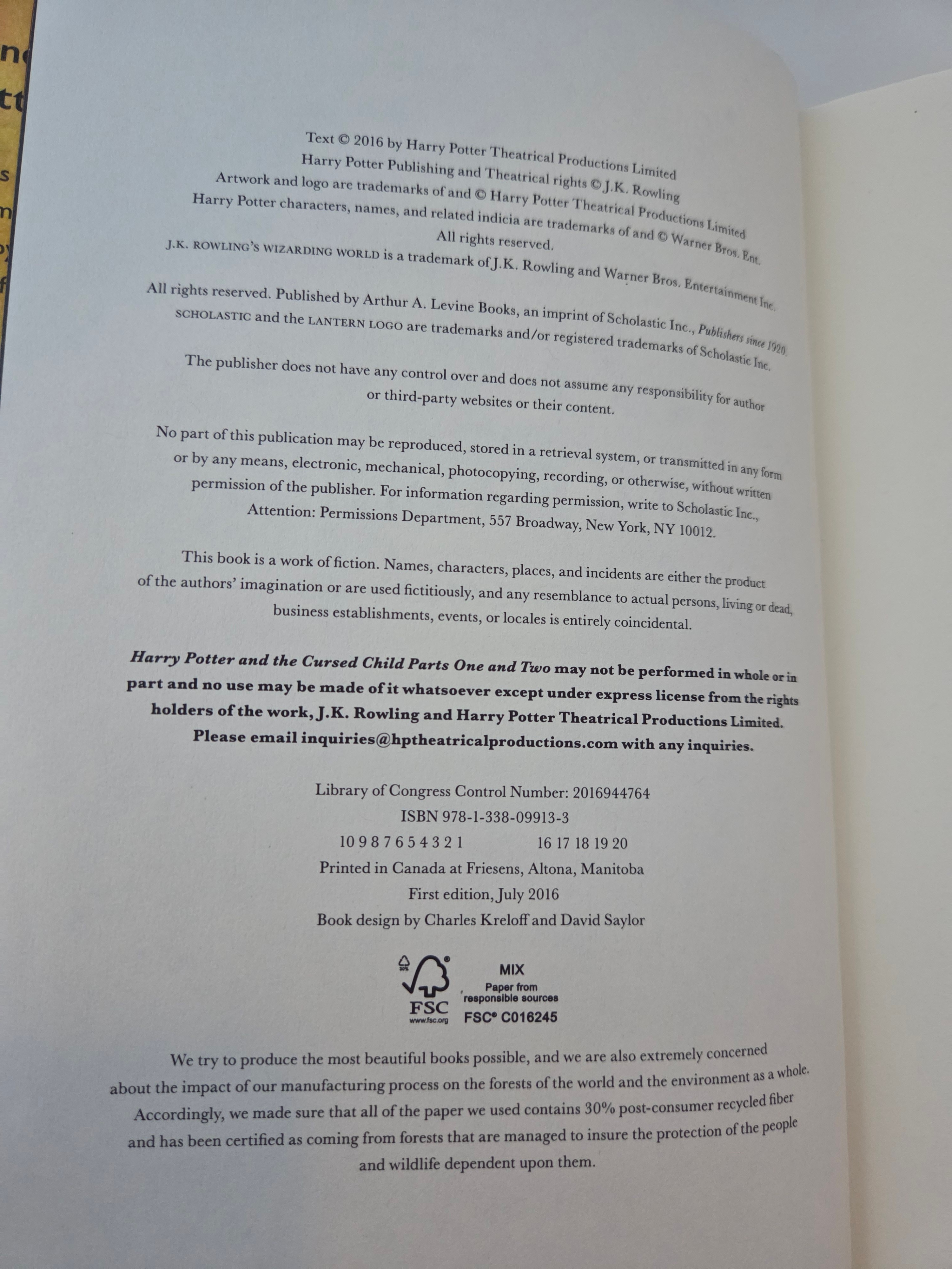 Harry Potter: Cursed Child Script, 2016 HC – Canada - photo 3