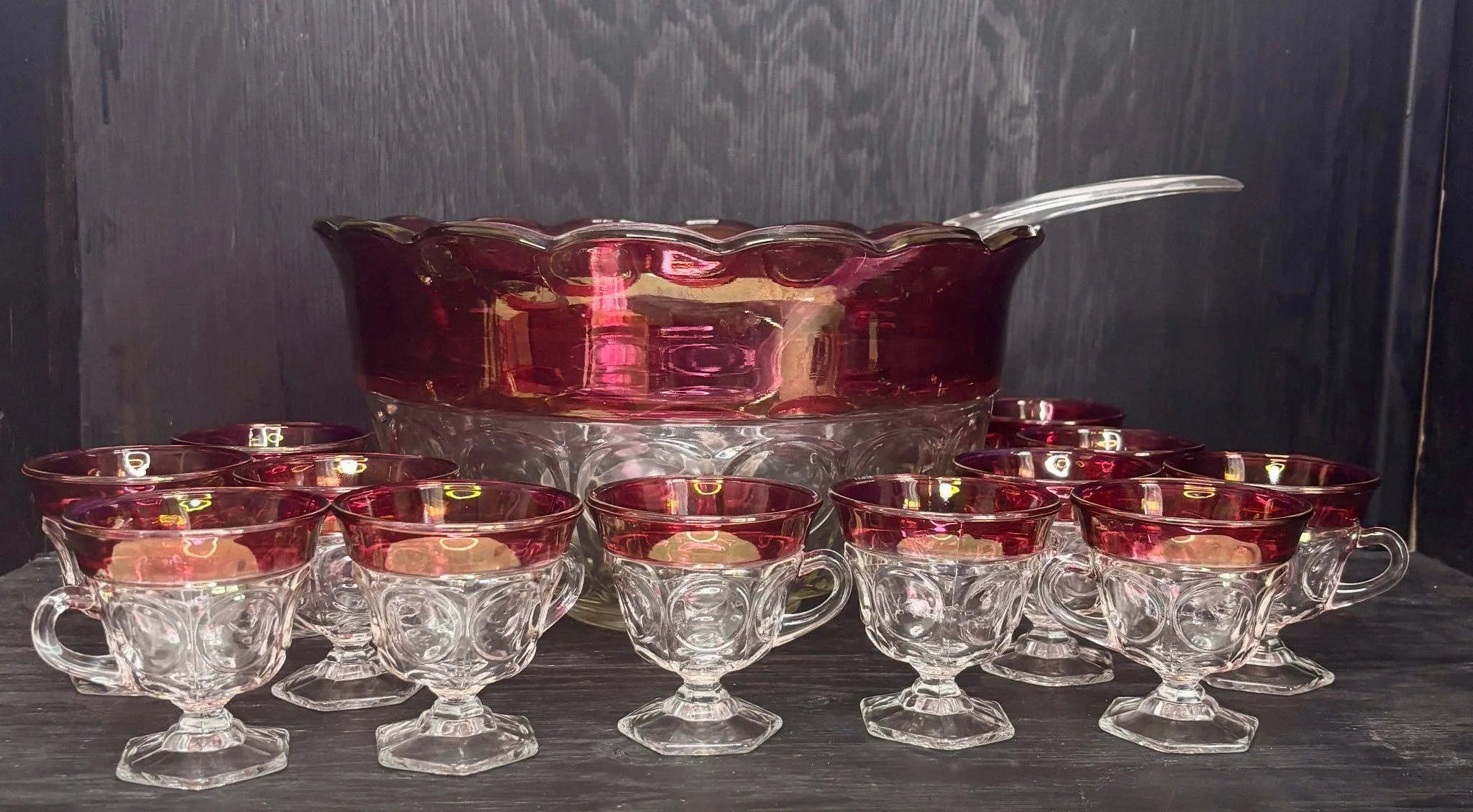 Indiana Glass Ruby Red Glass Punch Bowl Set