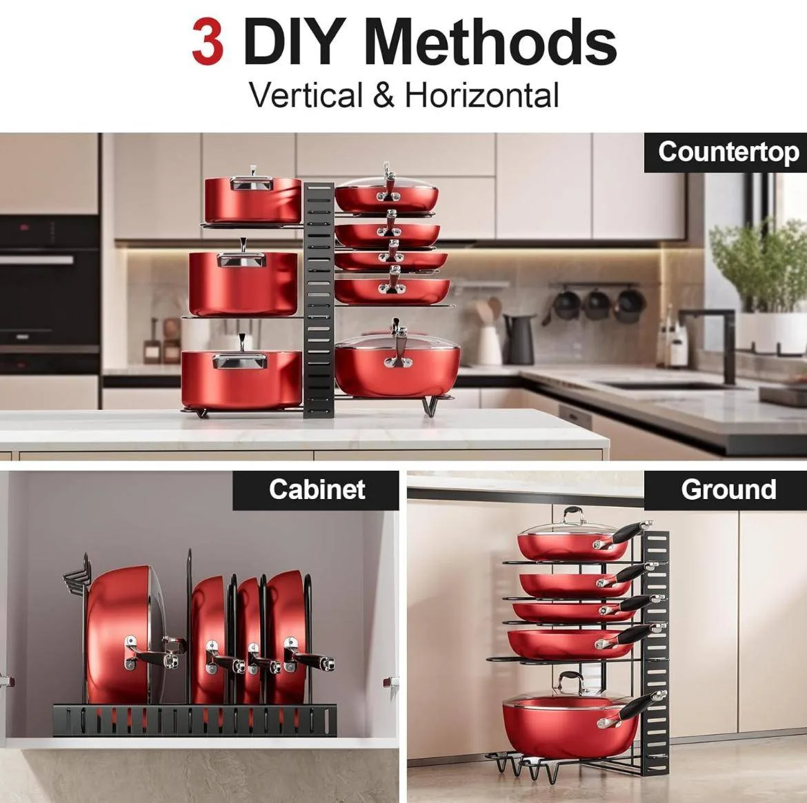 Pots and Pans Organizer rack for cabinet and countertop