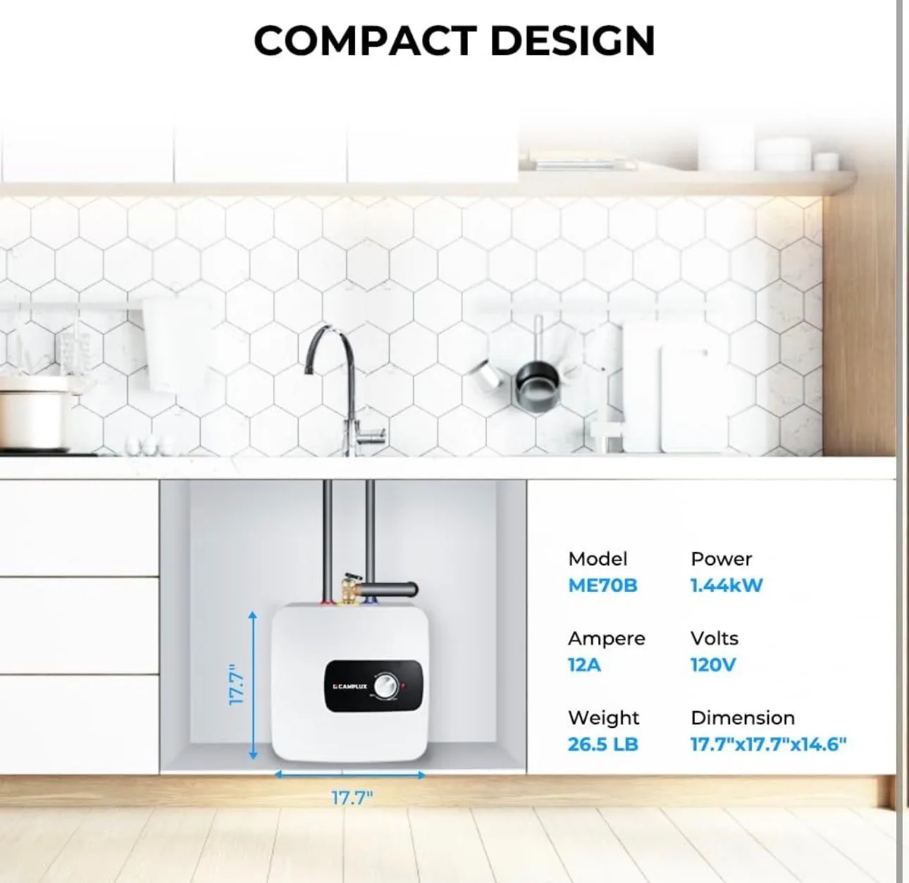 Mini Tank Electric Water Heater 6.5 Gallon 1.44kW at 120 Volts thumbnail