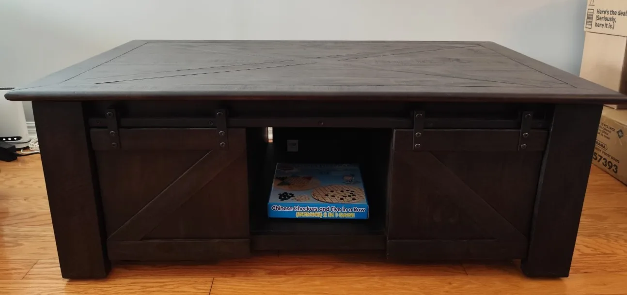 Farmhouse Coffee Table with Sliding Barn Doors + Lift-Top Storag