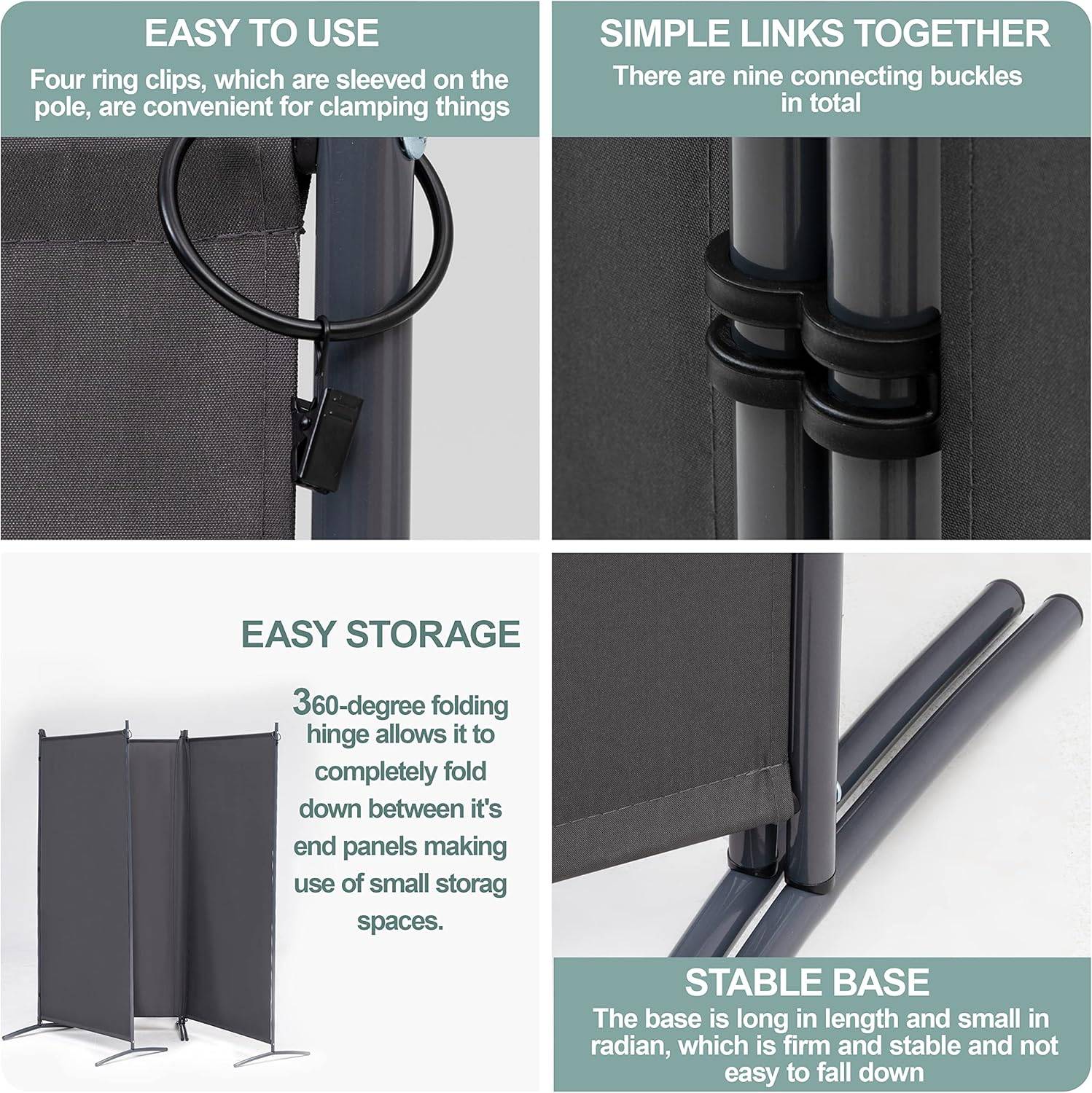 3-Panel Room Divider, 6 Ft Tall Privacy Screen - Grey, pic1+2 - photo 4