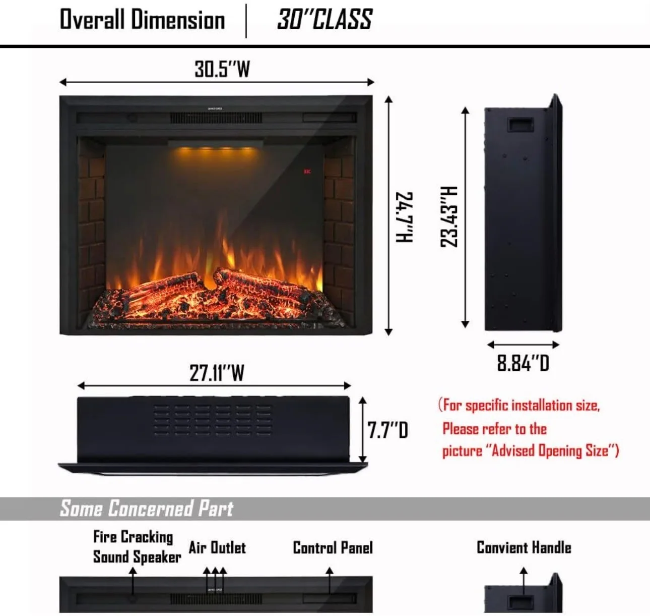Electric Fireplace Retro Recessed Fireplace Heater Remote/Timer image indicator(5)